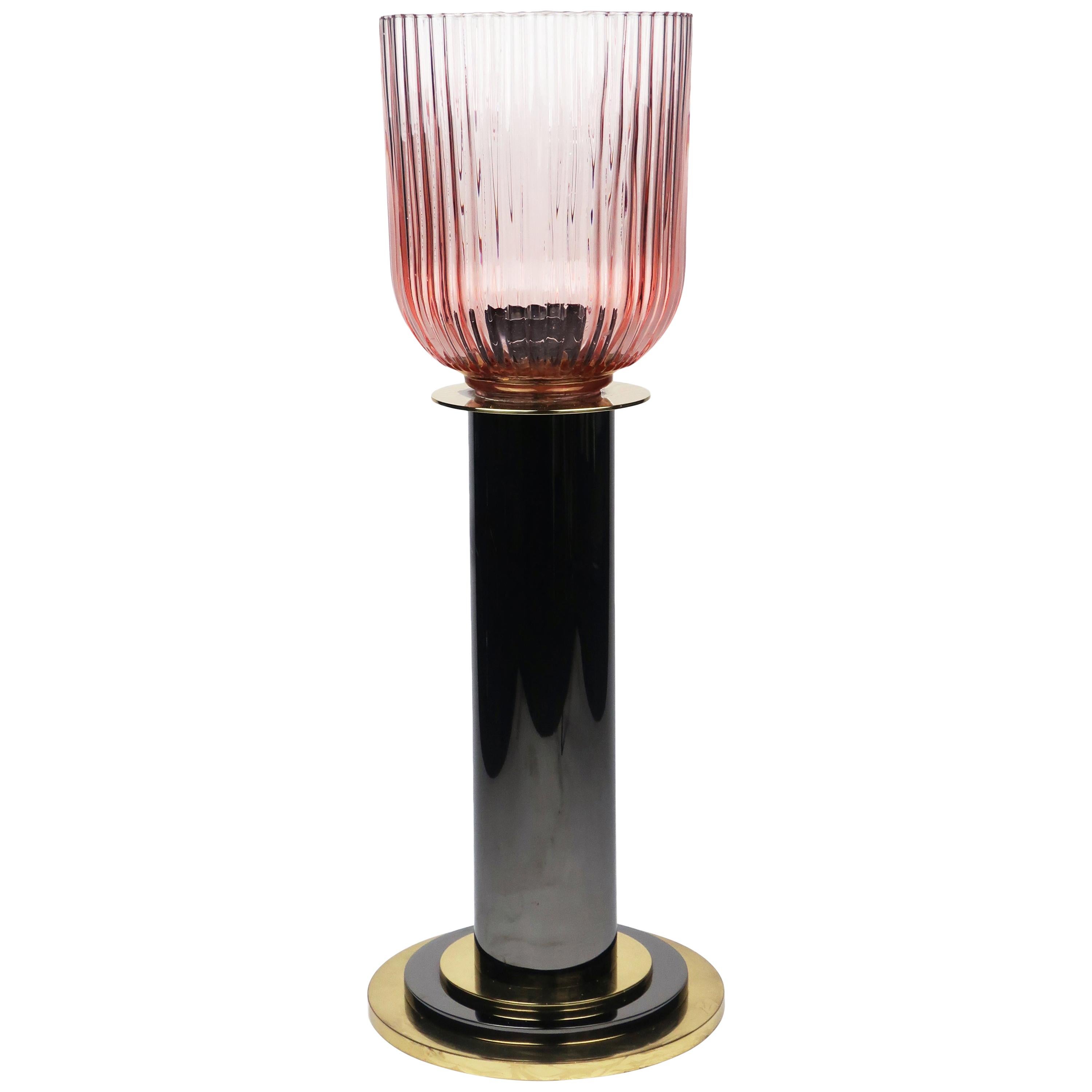 1980s Brass, Grey Metal and Pink Glass Candleholder by Lorin Marsh