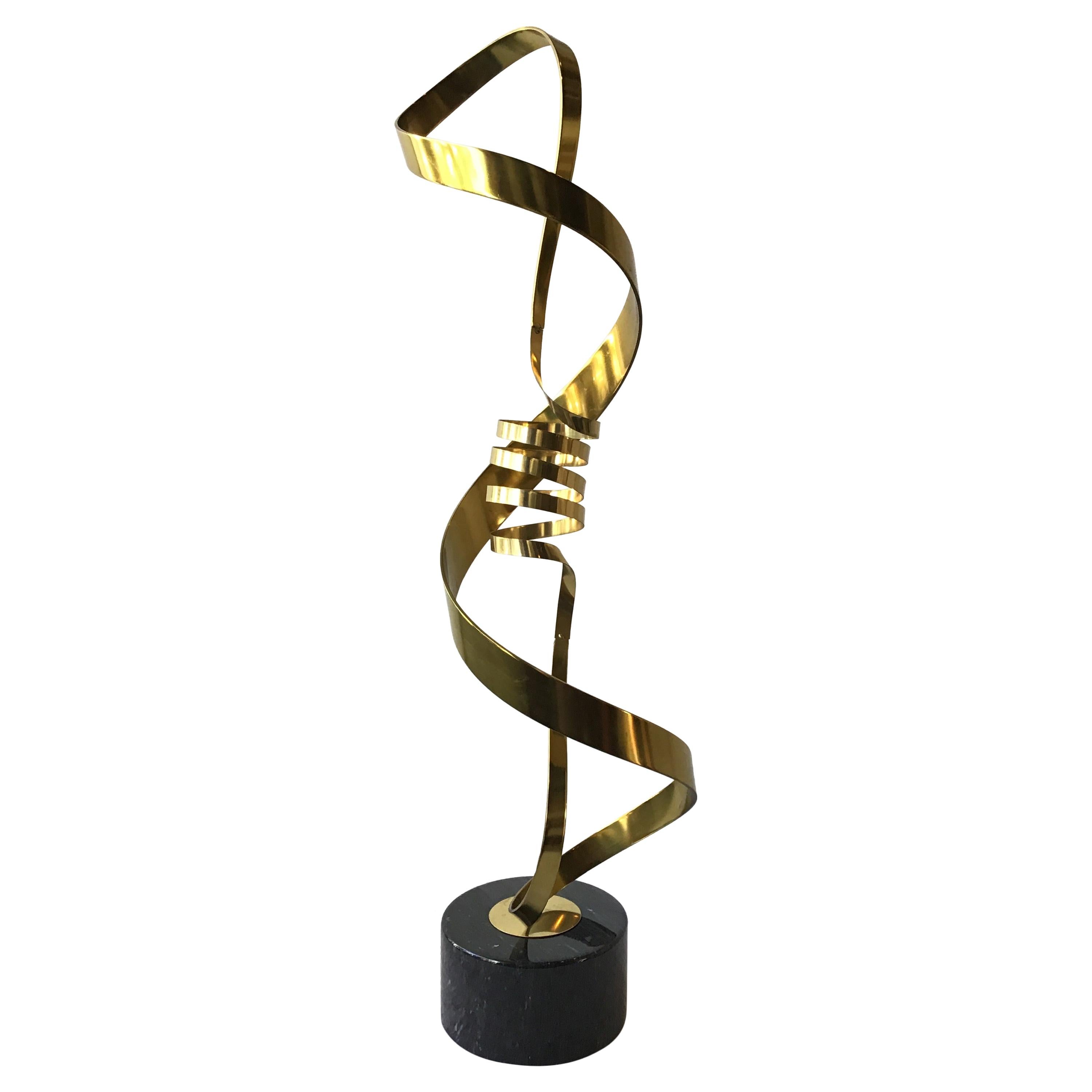 1980s Brass Ribbon Abstract Sculpture on Marble Base