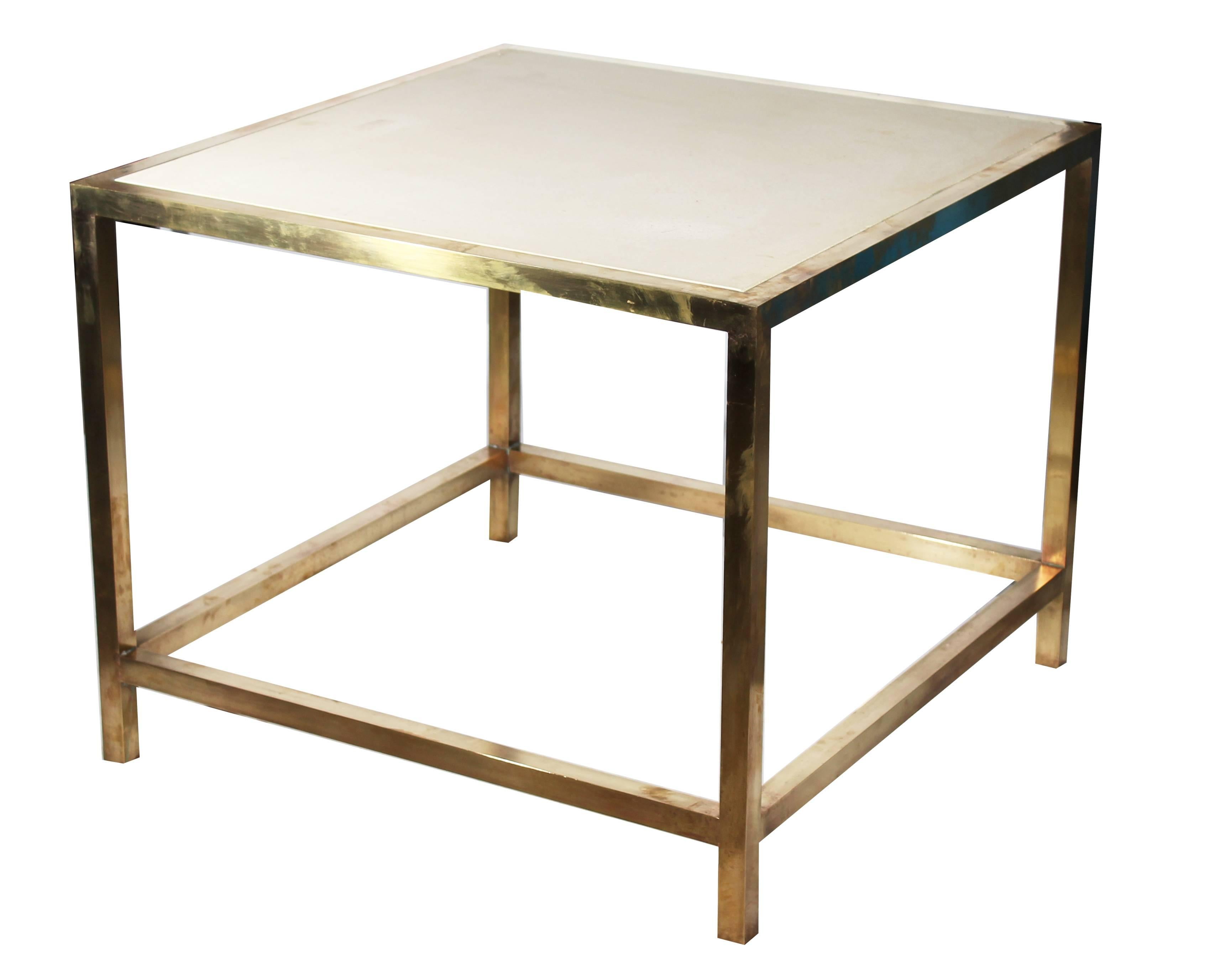 1980s gilded brass straight lined Italian design side table with white natural stone top.