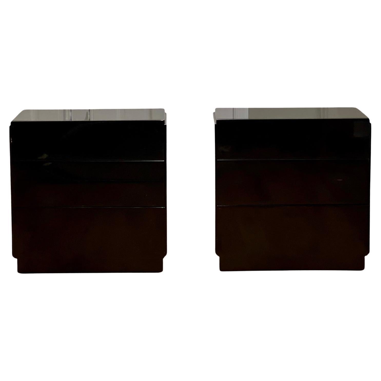 1980s Bridgeford Modern Black Lacquered Nightstands, Pair