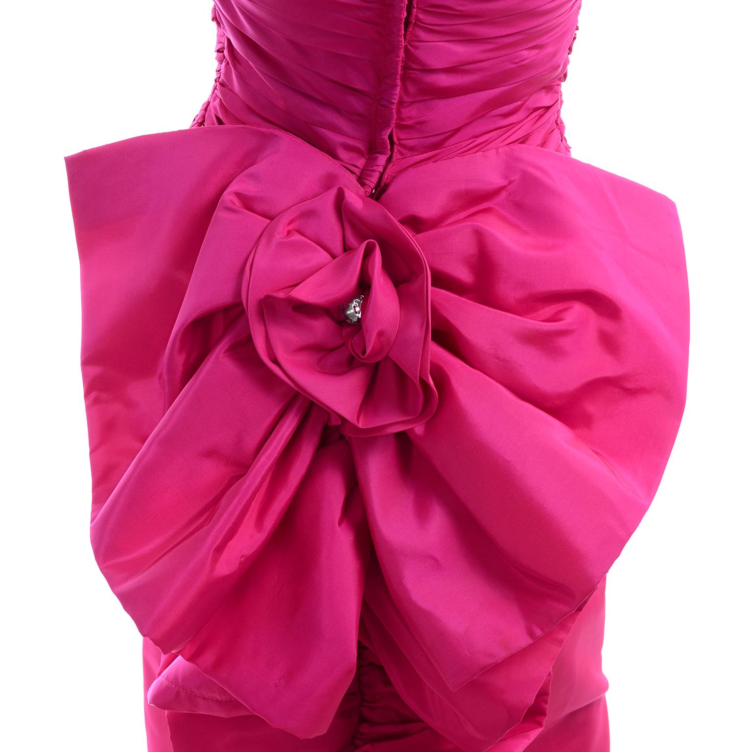 1980s Bright Pink Strapless Vintage Evening Dress With Giant Bow & Ruching 6