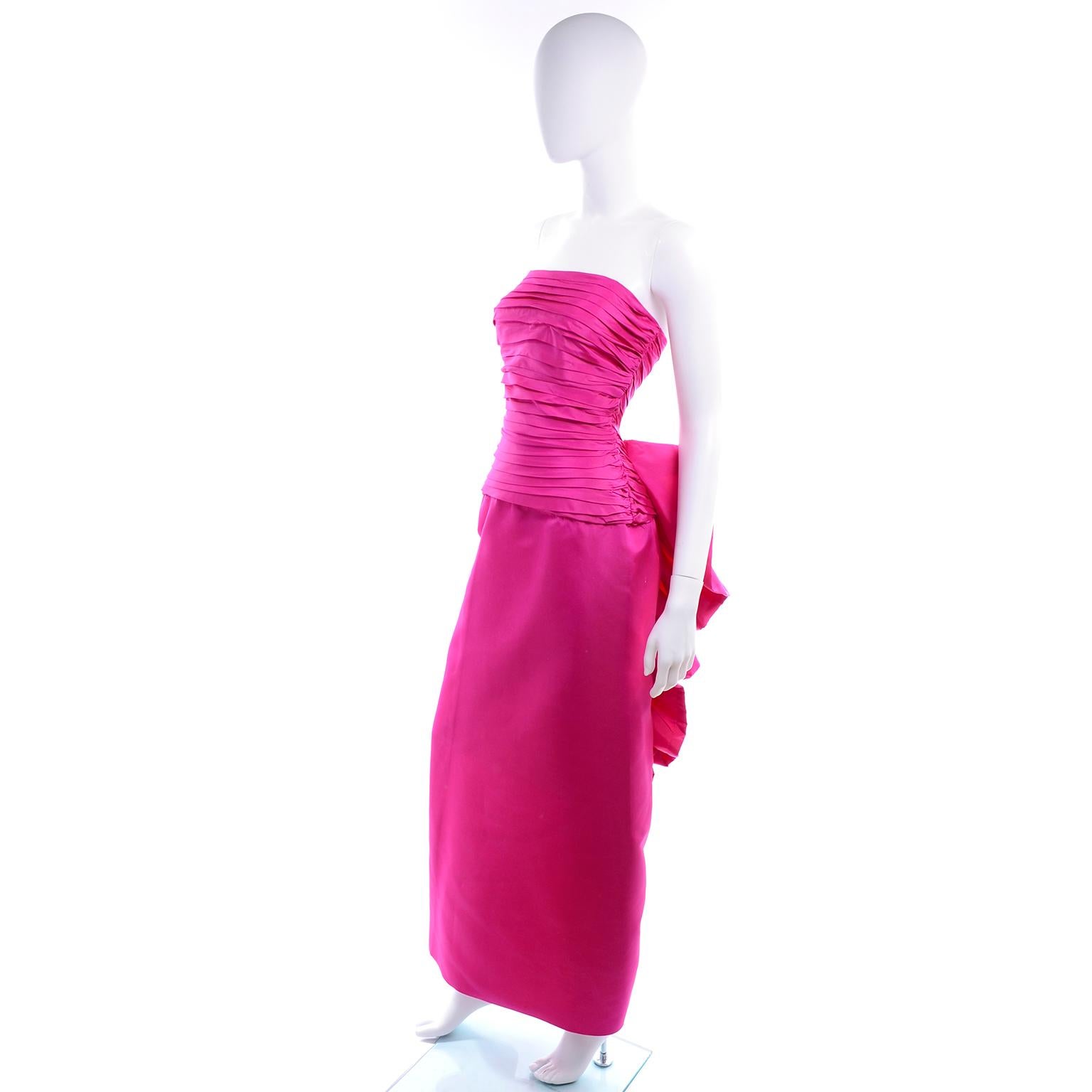 1980s Bright Pink Strapless Vintage Evening Dress With Giant Bow & Ruching 1