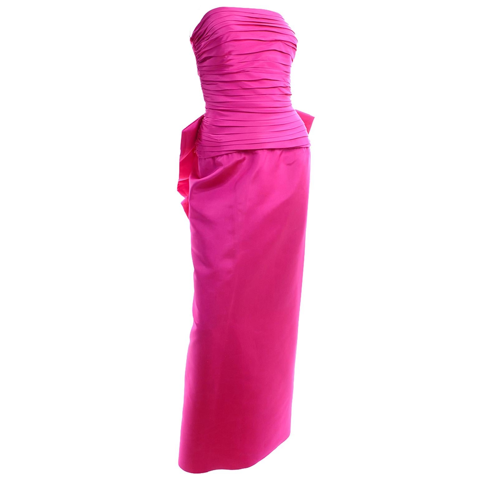 1980s Bright Pink Strapless Vintage Evening Dress With Giant Bow & Ruching 2