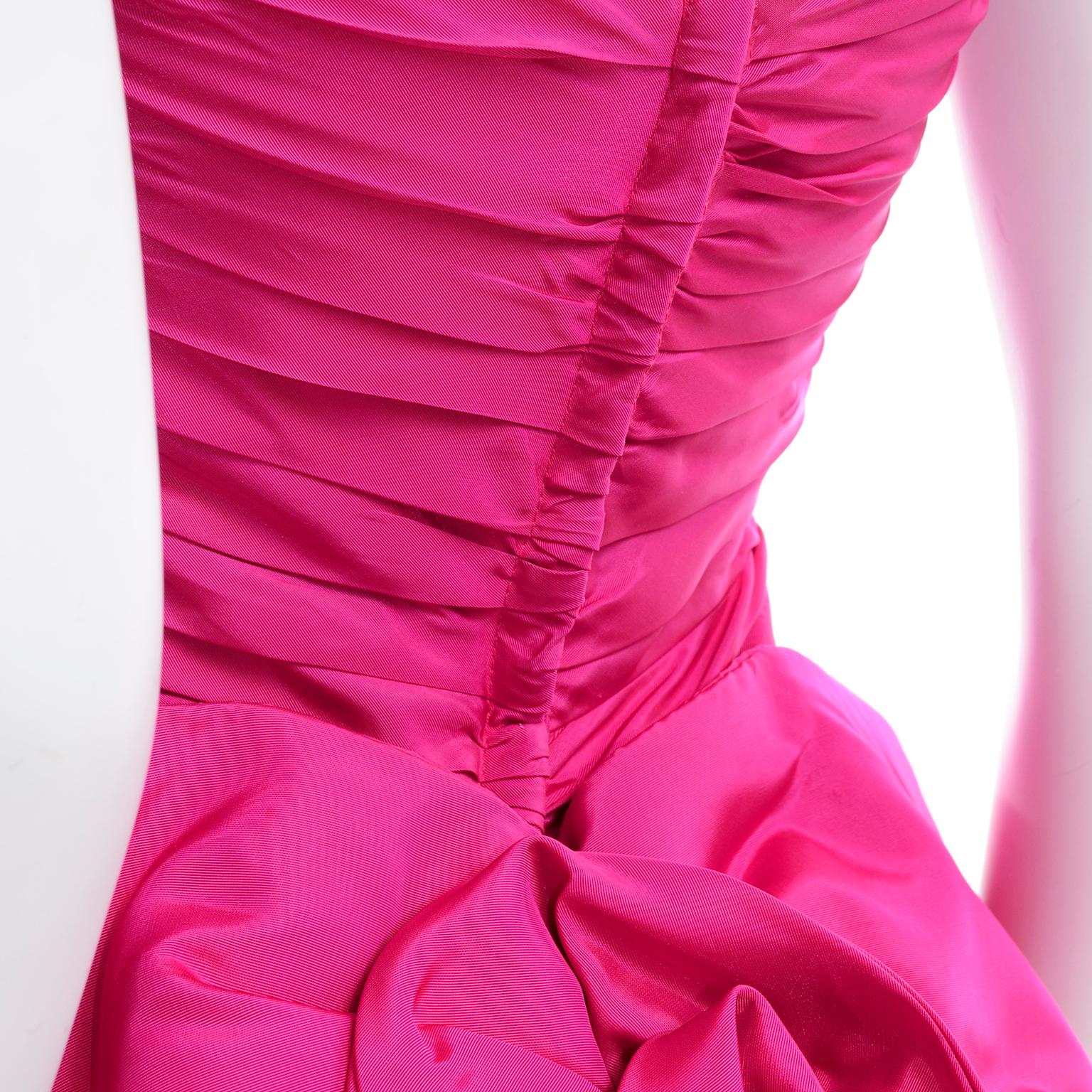 1980s Bright Pink Strapless Vintage Evening Dress With Giant Bow & Ruching 3