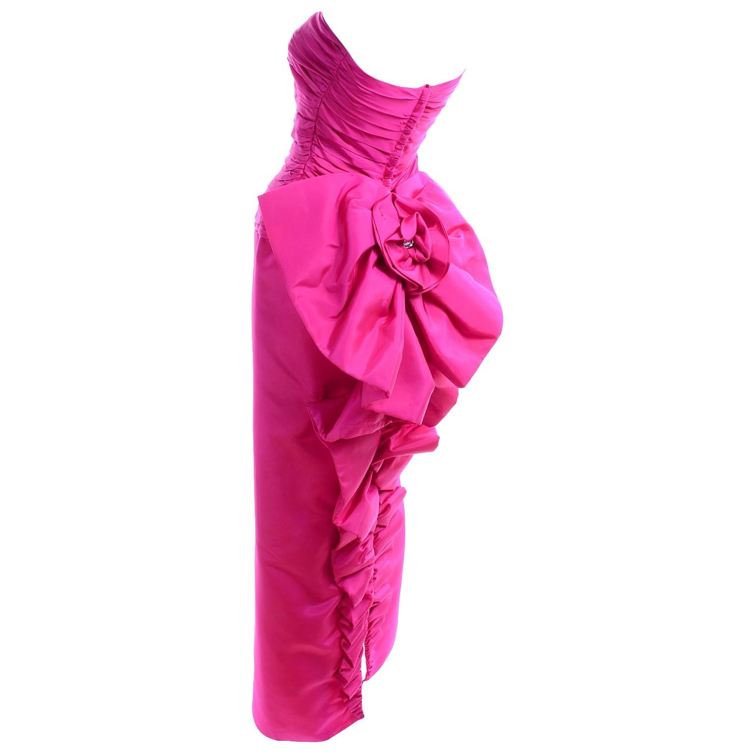 1980s Bright Pink Strapless Vintage Evening Dress With Giant Bow & Ruching