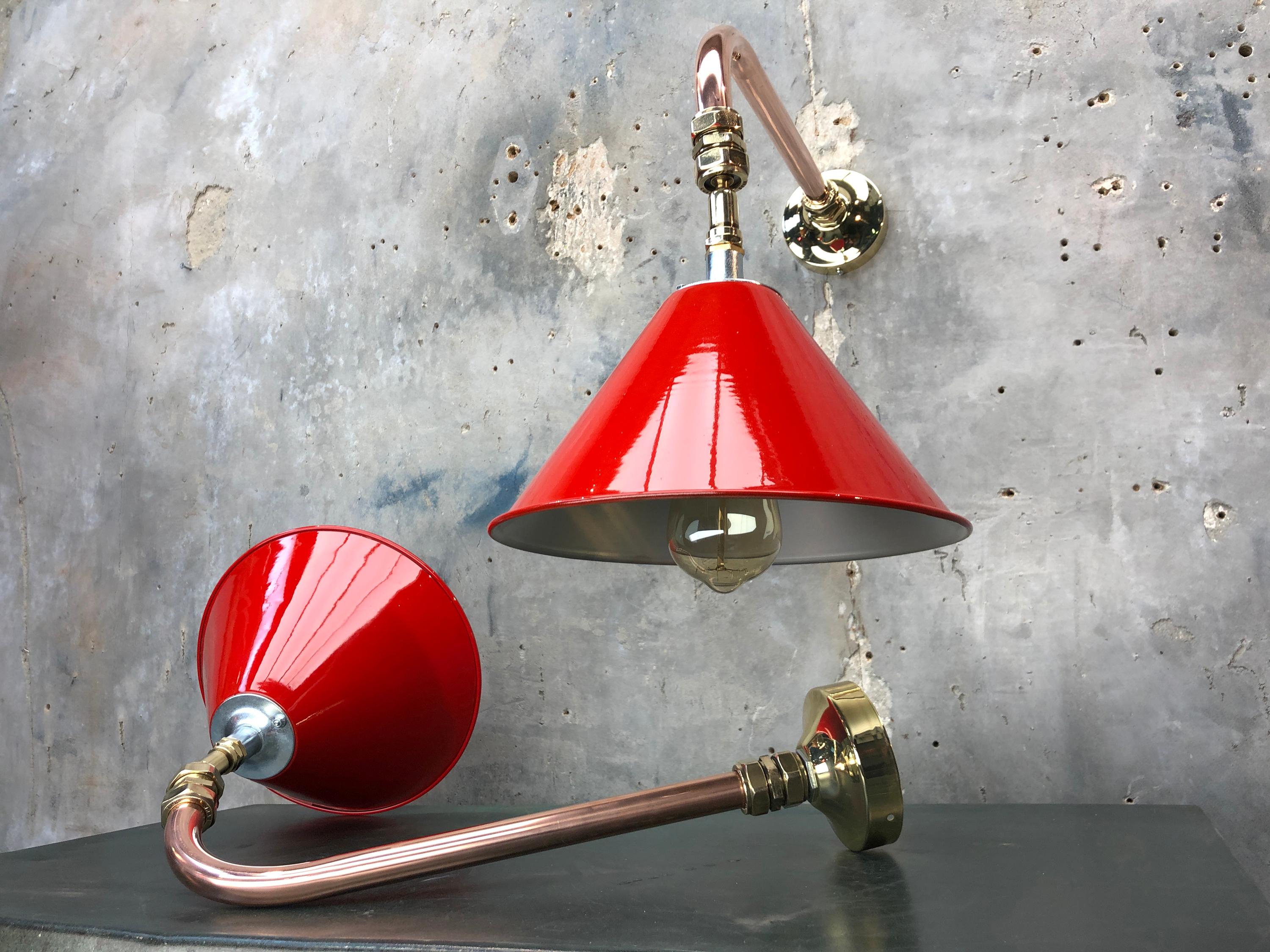 1980 British Army Lamp Shade in Red with Copper Cantilever Wall Lamp Edison Bulb For Sale 6