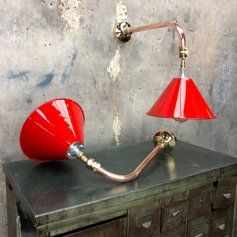 1980 British Army Lamp Shade in Red with Copper Cantilever Wall Lamp Edison Bulb For Sale 10