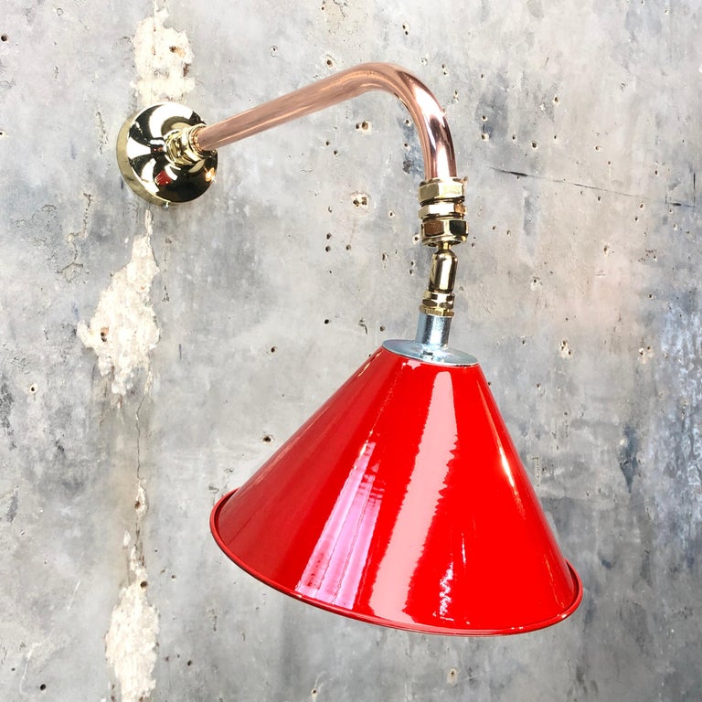 Industrial 1980 British Army Lamp Shade in Red with Copper Cantilever Wall Lamp Edison Bulb For Sale