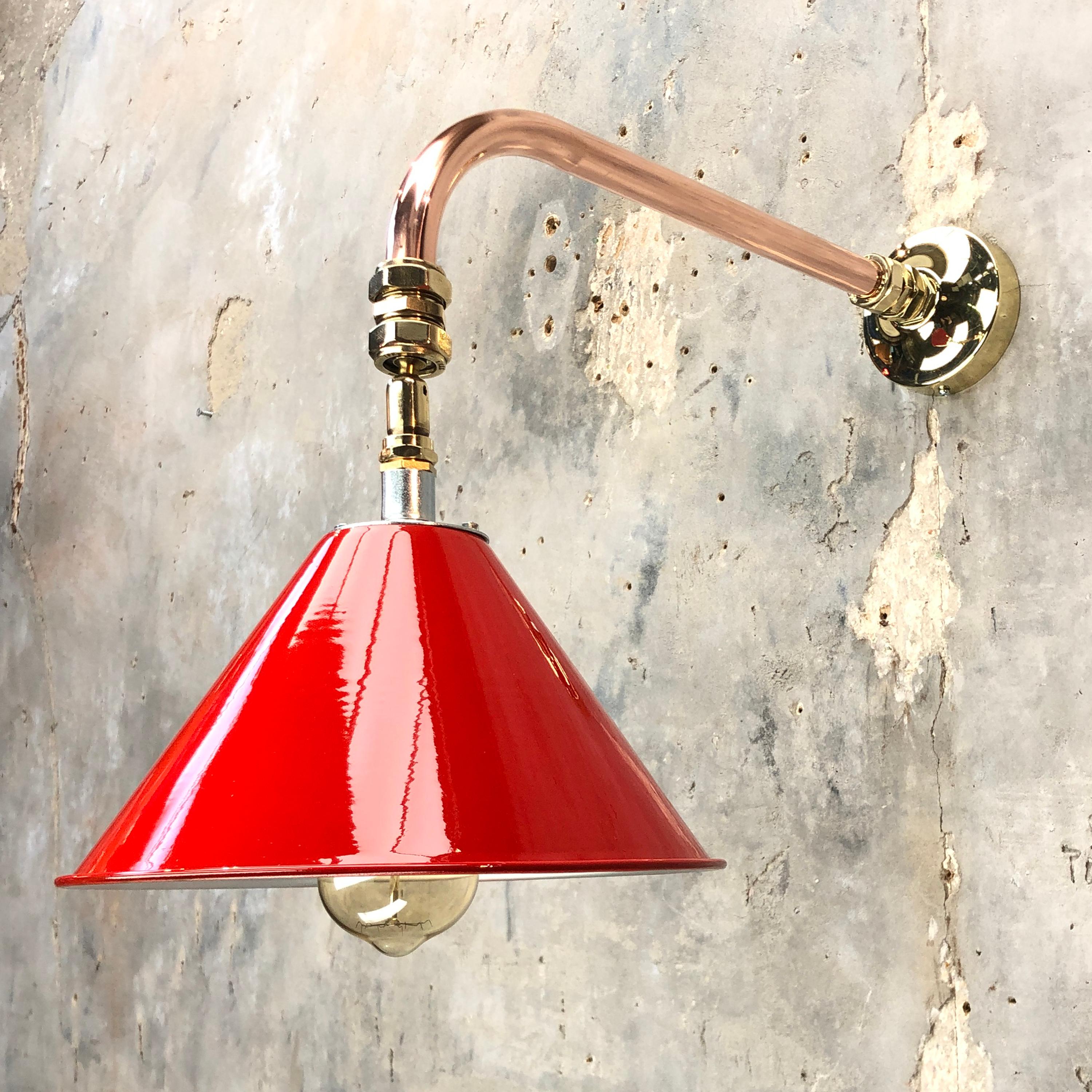 Industrial 1980 British Army Lamp Shade in Red with Copper Cantilever Wall Lamp Edison Bulb For Sale