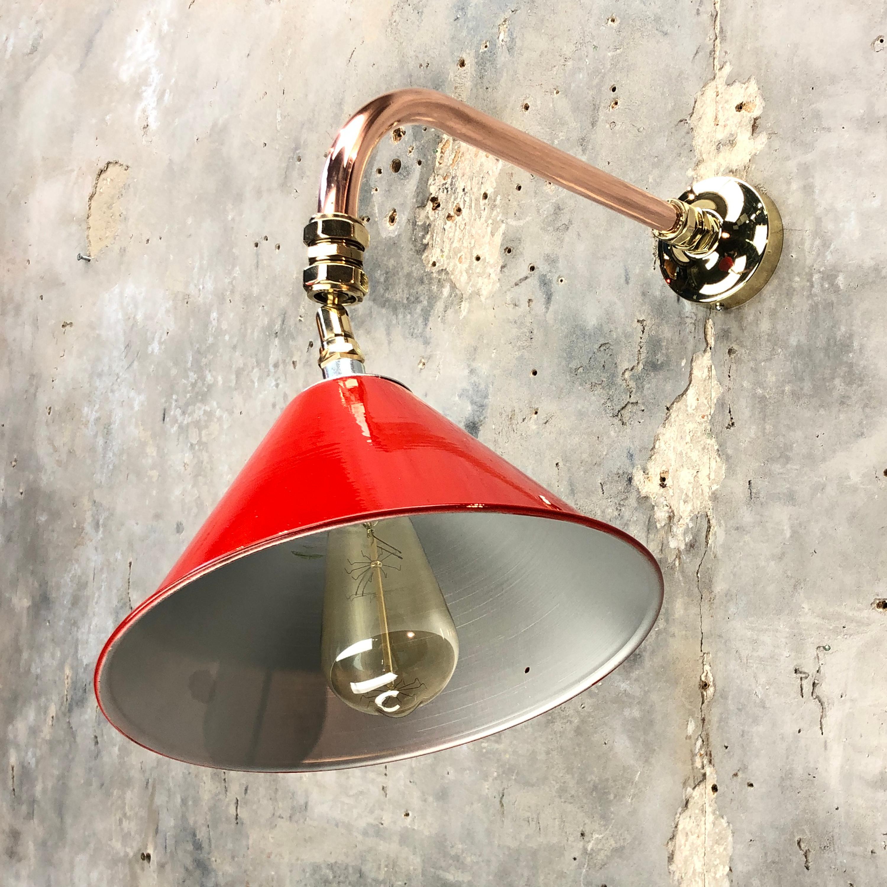 English 1980 British Army Lamp Shade in Red with Copper Cantilever Wall Lamp Edison Bulb For Sale