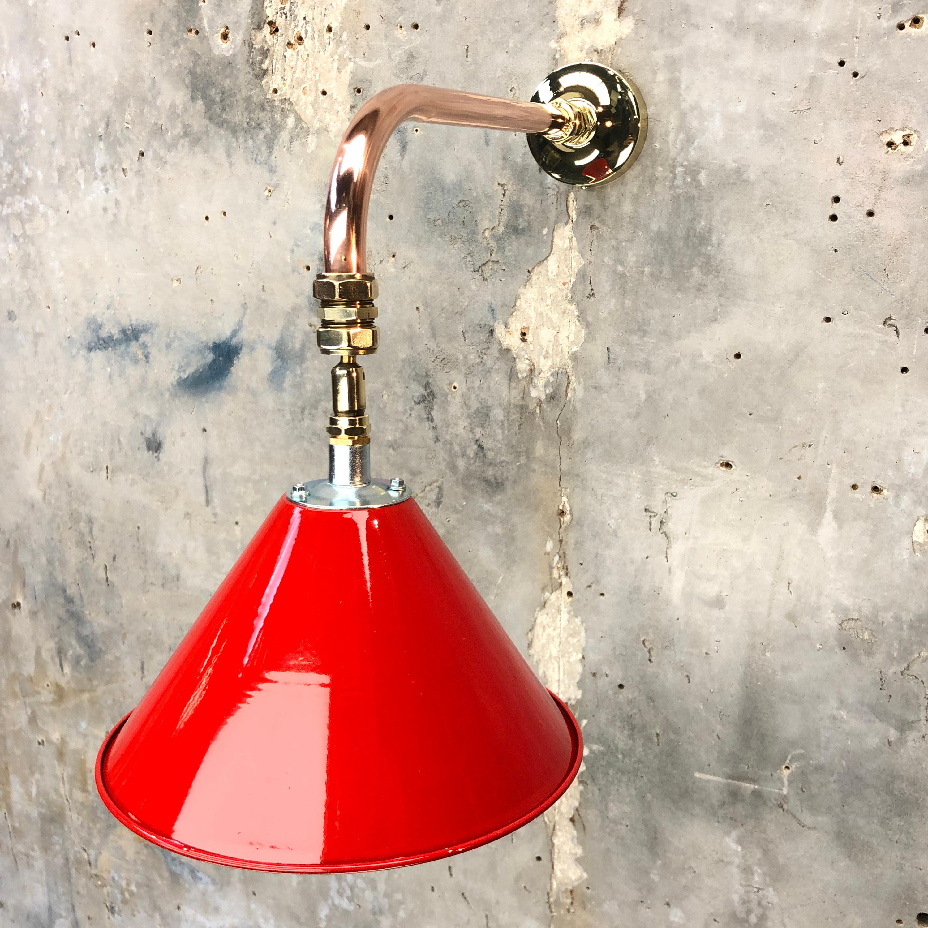 Spun 1980 British Army Lamp Shade in Red with Copper Cantilever Wall Lamp Edison Bulb For Sale