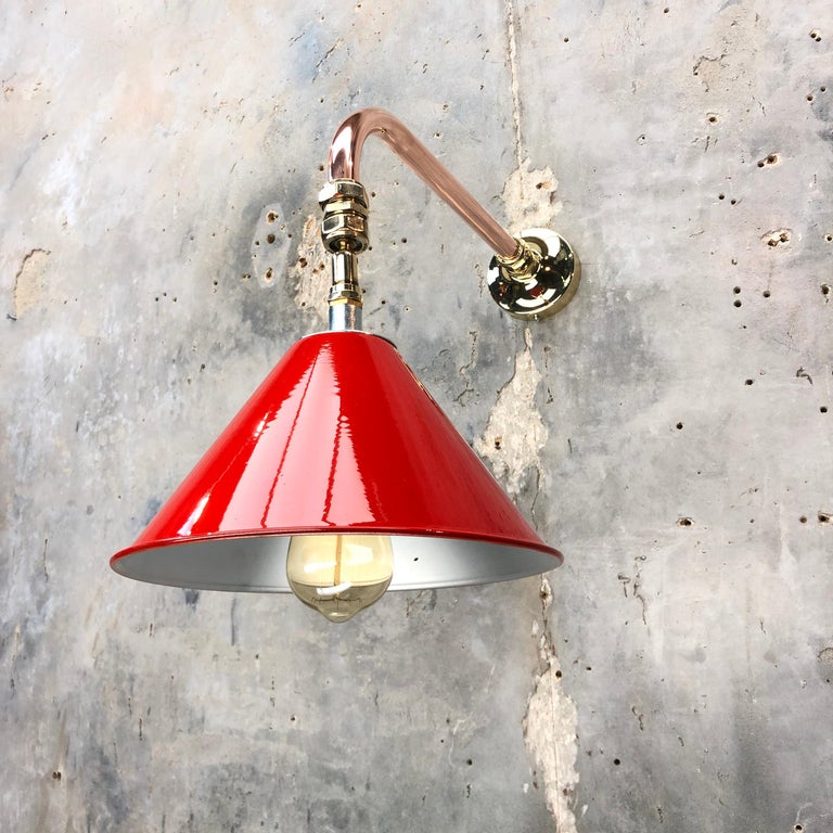 1980 British Army Lamp Shade in Red with Copper Cantilever Wall Lamp Edison Bulb For Sale 1
