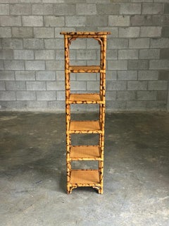 1980s British Colonial Faux Bamboo and Cane Tall Shelf