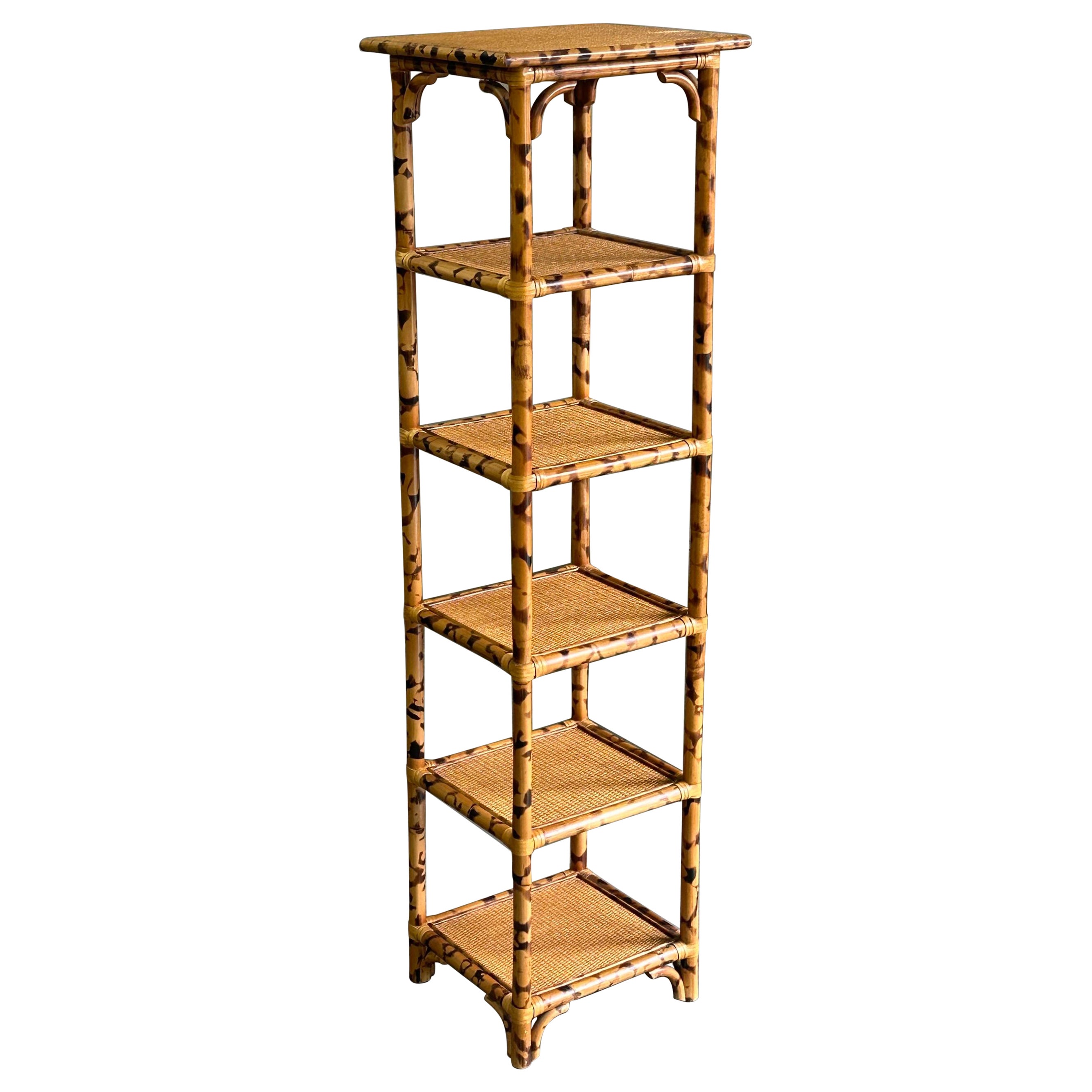 1980s British Colonial Faux Bamboo and Cane Tall Shelf For Sale