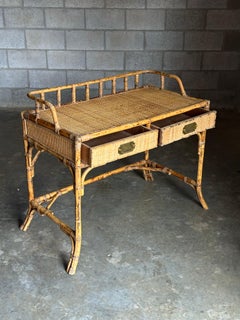 1980s British Colonial style Burnt Bamboo and Cane Desk