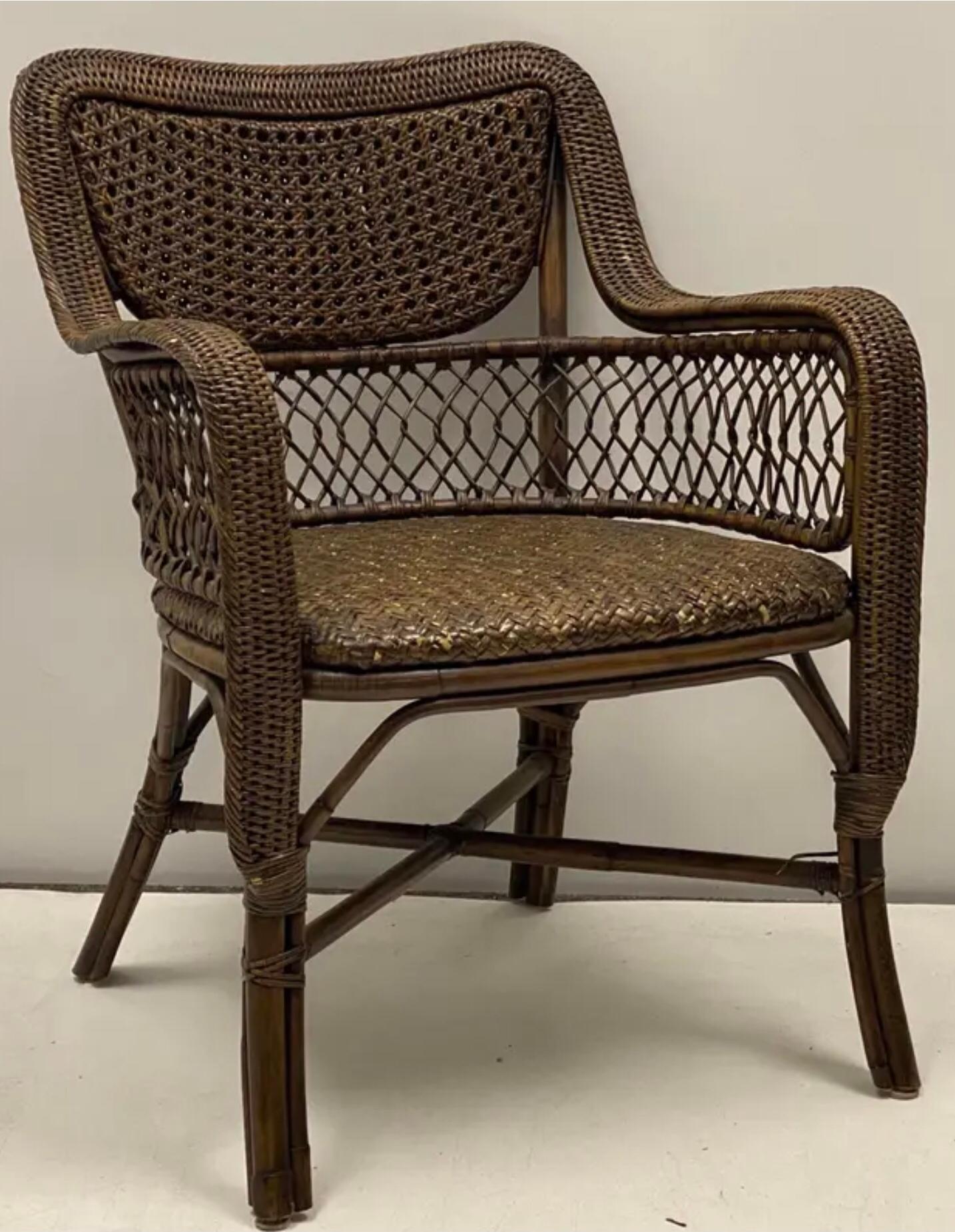 American 1980s British Colonial Style Wicker & Caned Chairs by Palecek, Pair