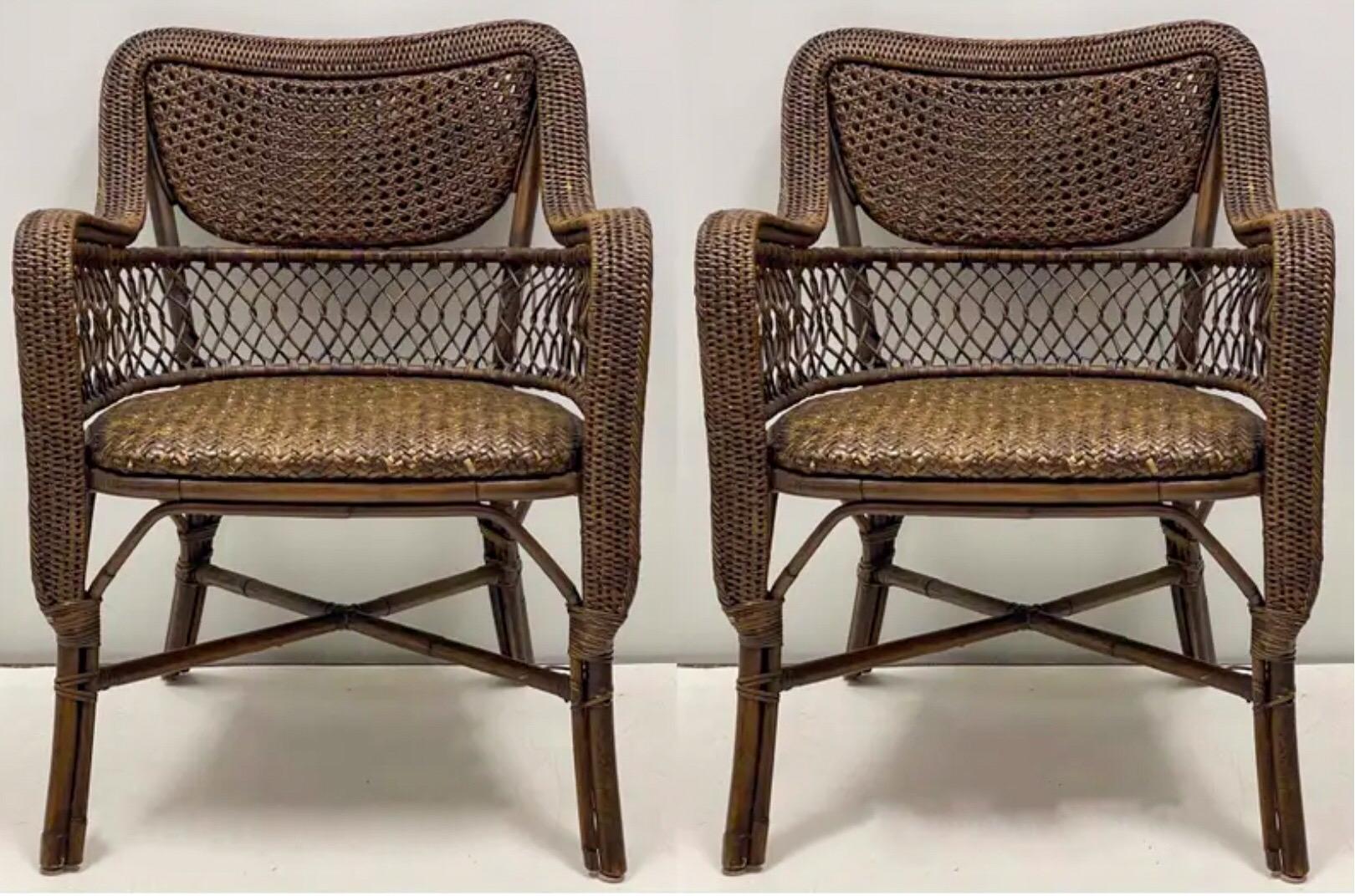 Late 20th Century 1980s British Colonial Style Wicker & Caned Chairs by Palecek, Pair