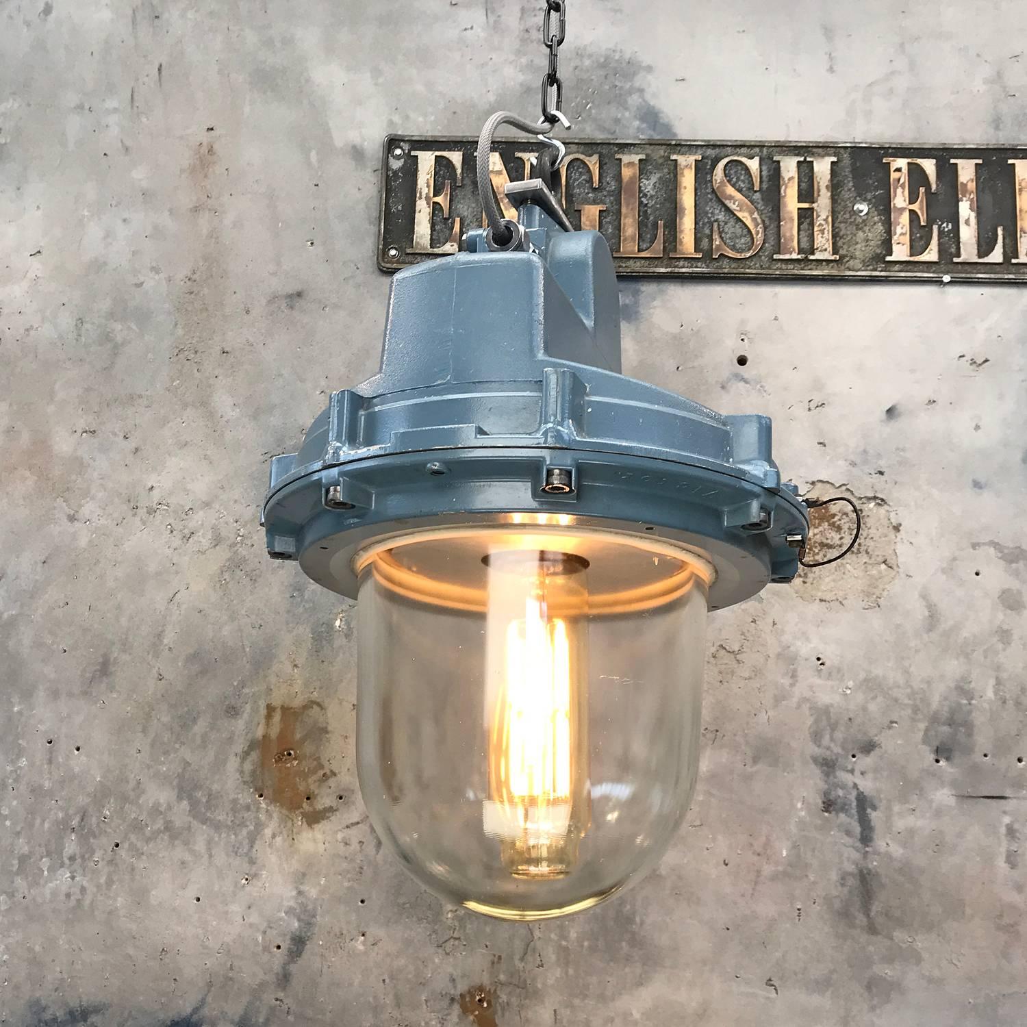 Industrial 1980s British Made Aluminium and Glass Explosion Proof Victor Pendant Lamp