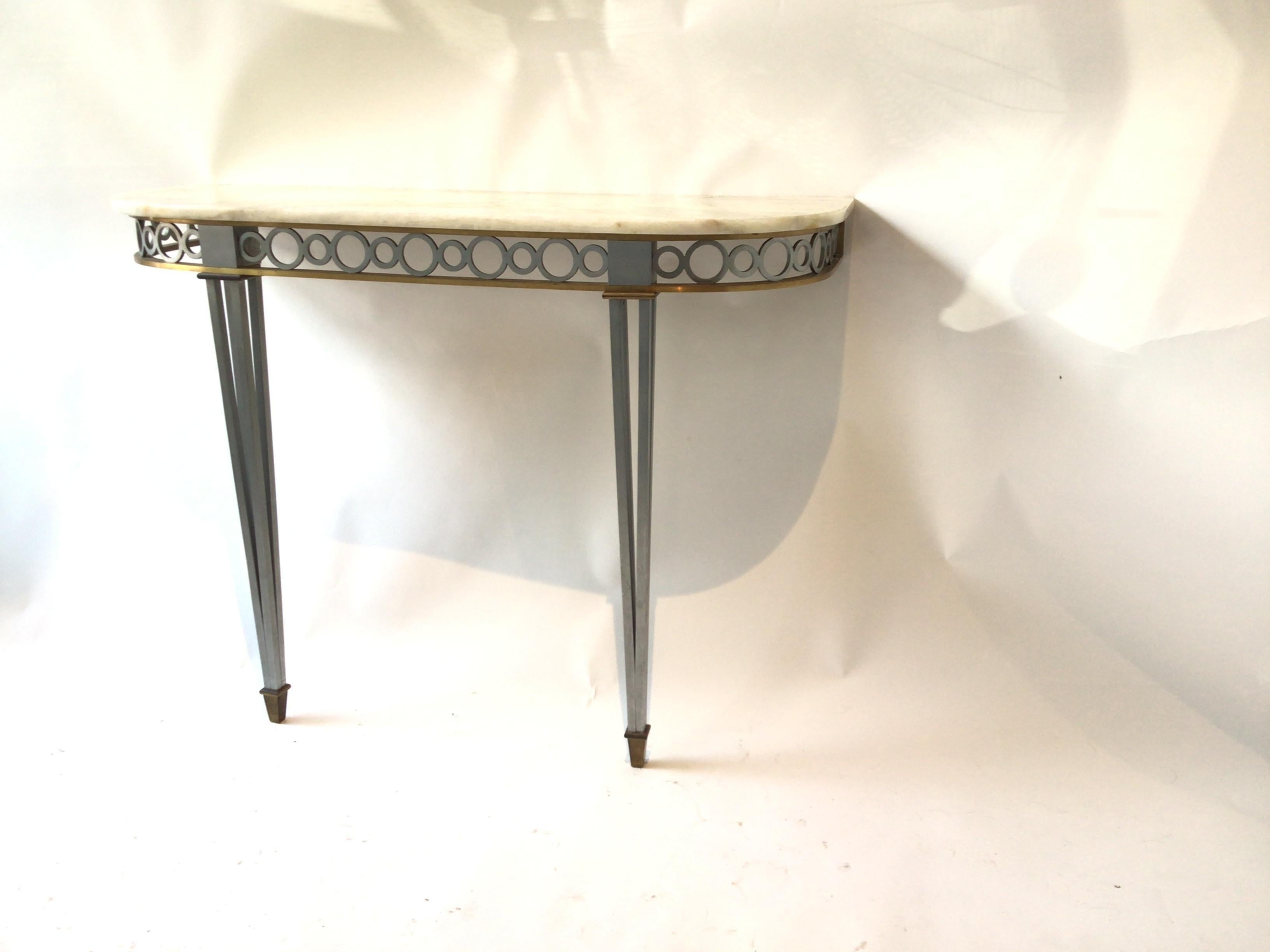 1980s Bronze and steel classical demi lune console with stone top. Heavy.