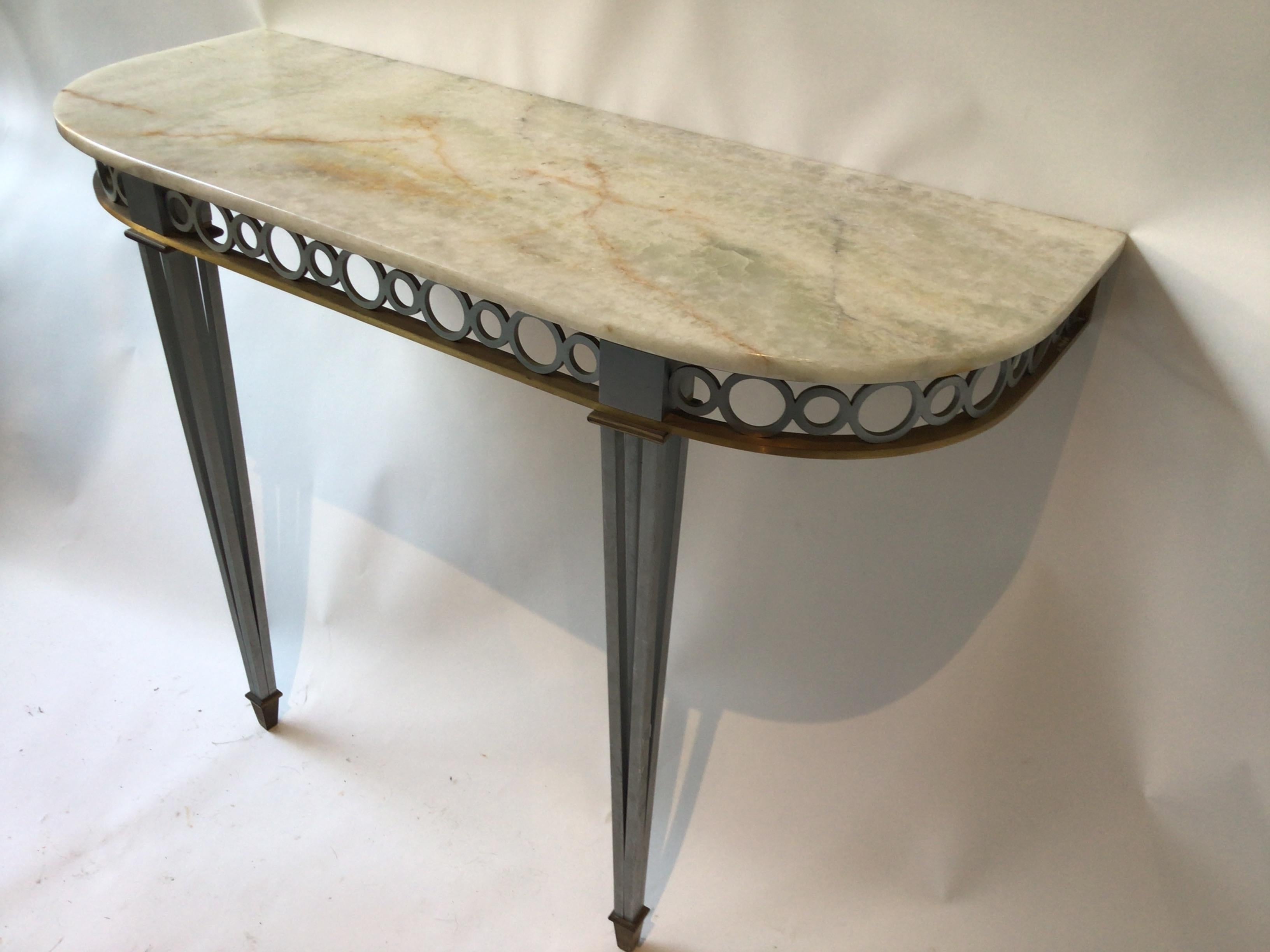 1980s Bronze and Steel Classical Demi Lune Console Table with Stone Top In Good Condition In Tarrytown, NY