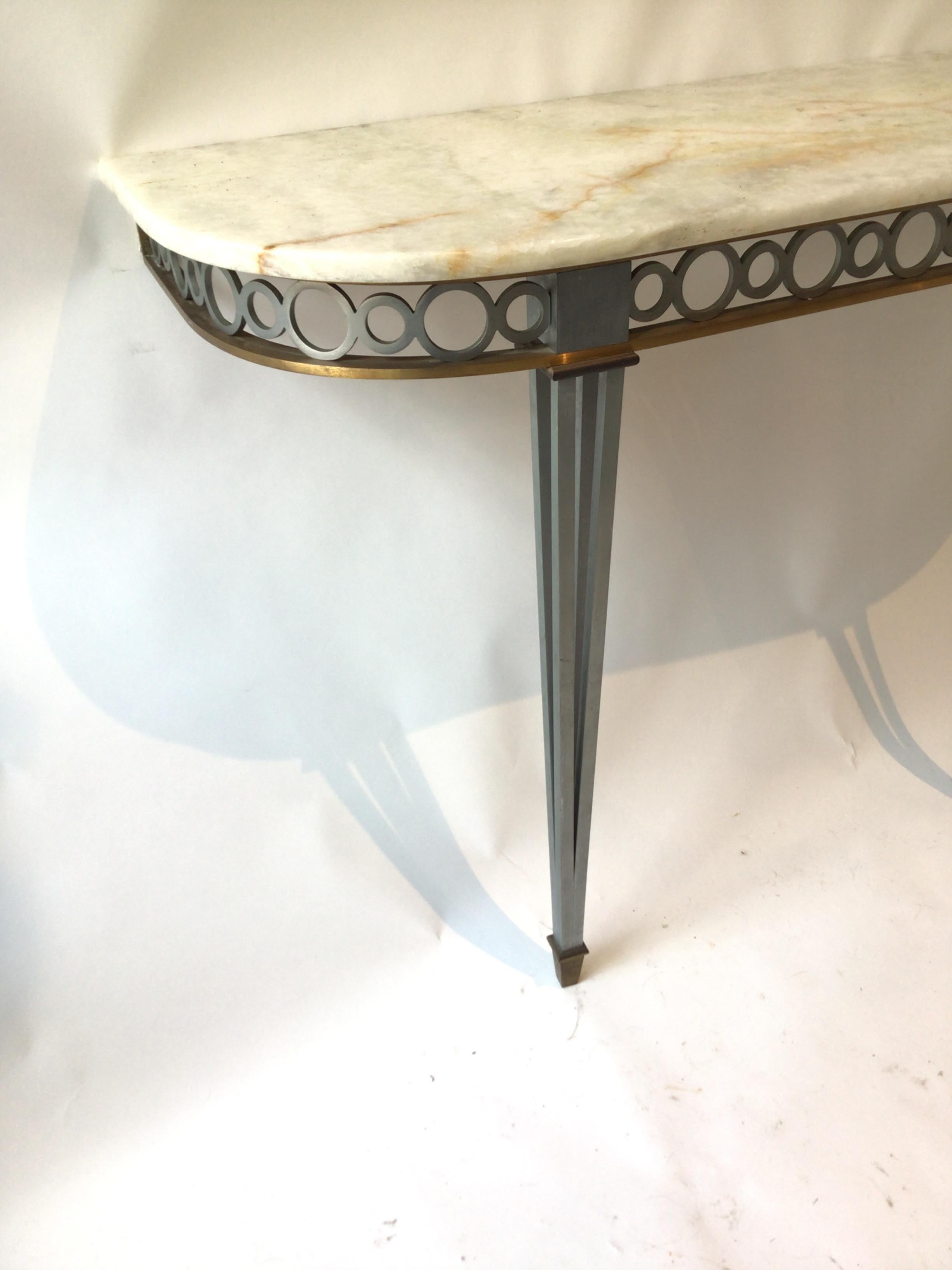 Late 20th Century 1980s Bronze and Steel Classical Demi Lune Console Table with Stone Top