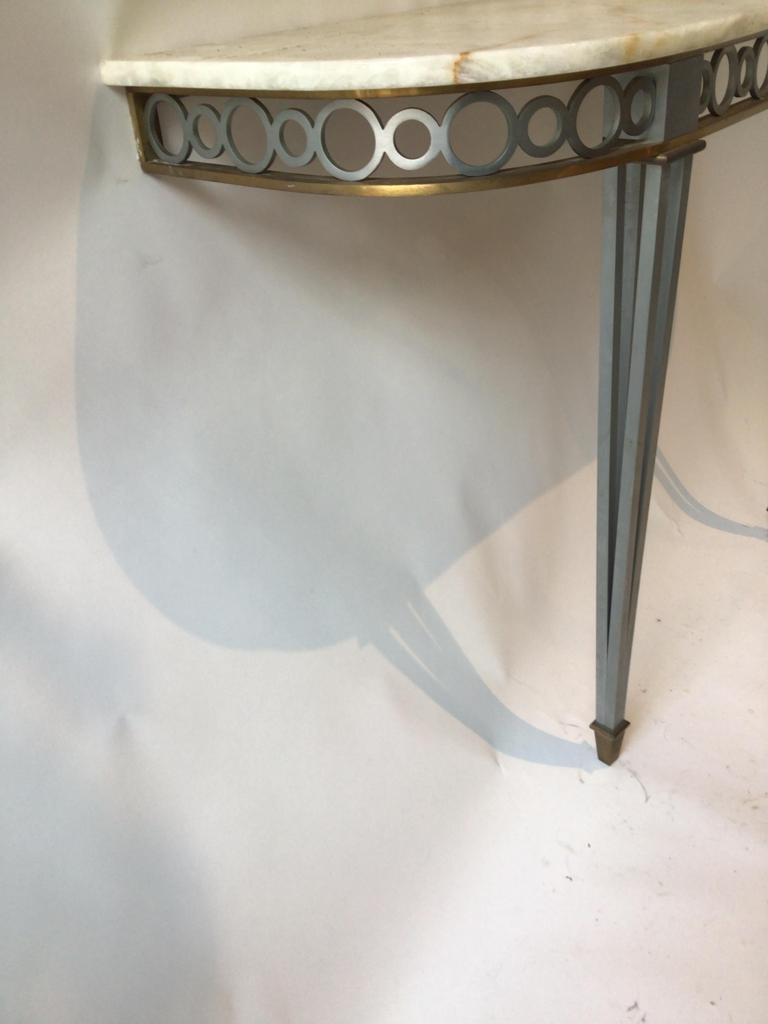1980s Bronze and Steel Classical Demi Lune Console Table with Stone Top 2