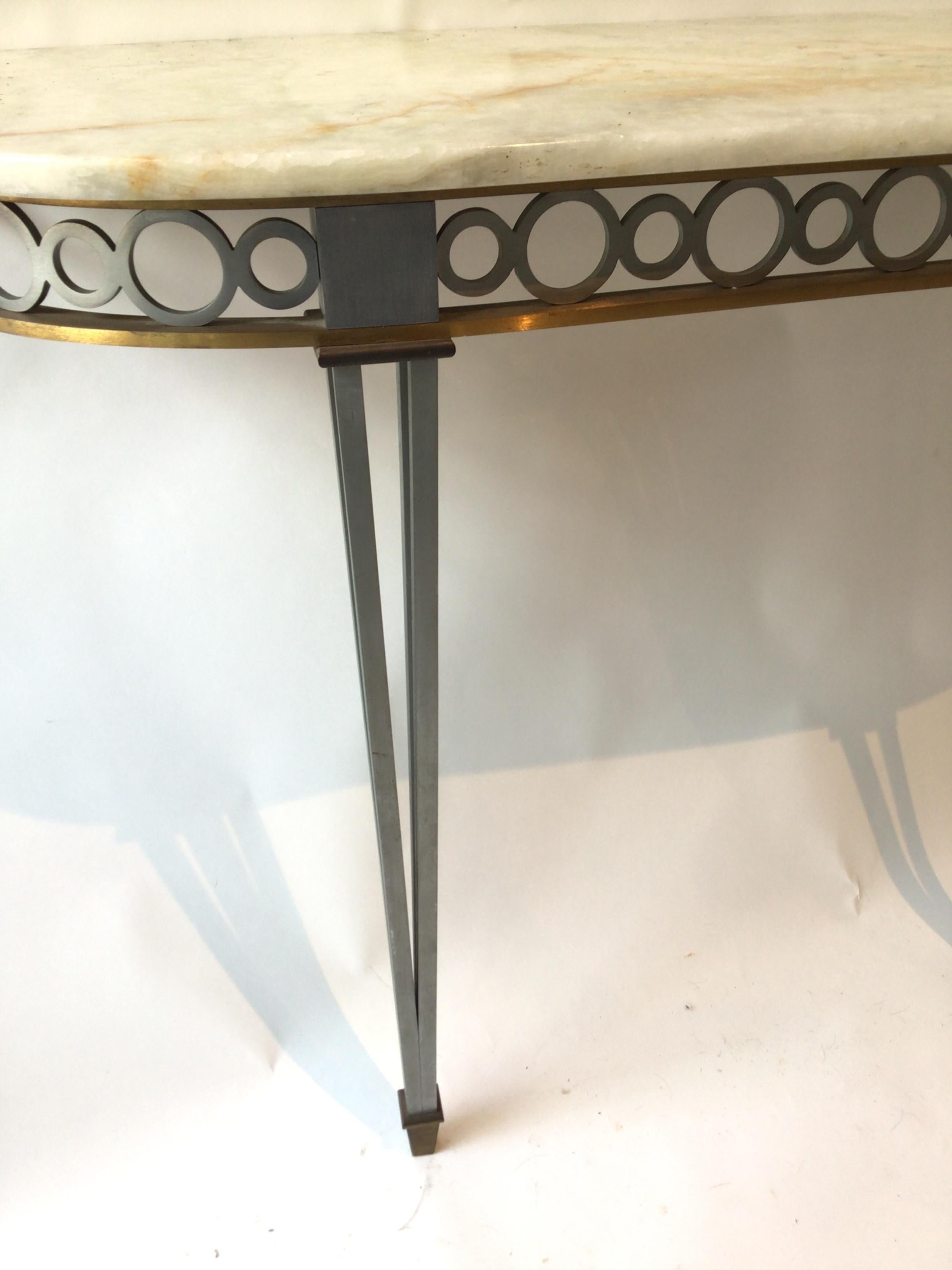 1980s Bronze and Steel Classical Demi Lune Console Table with Stone Top 3
