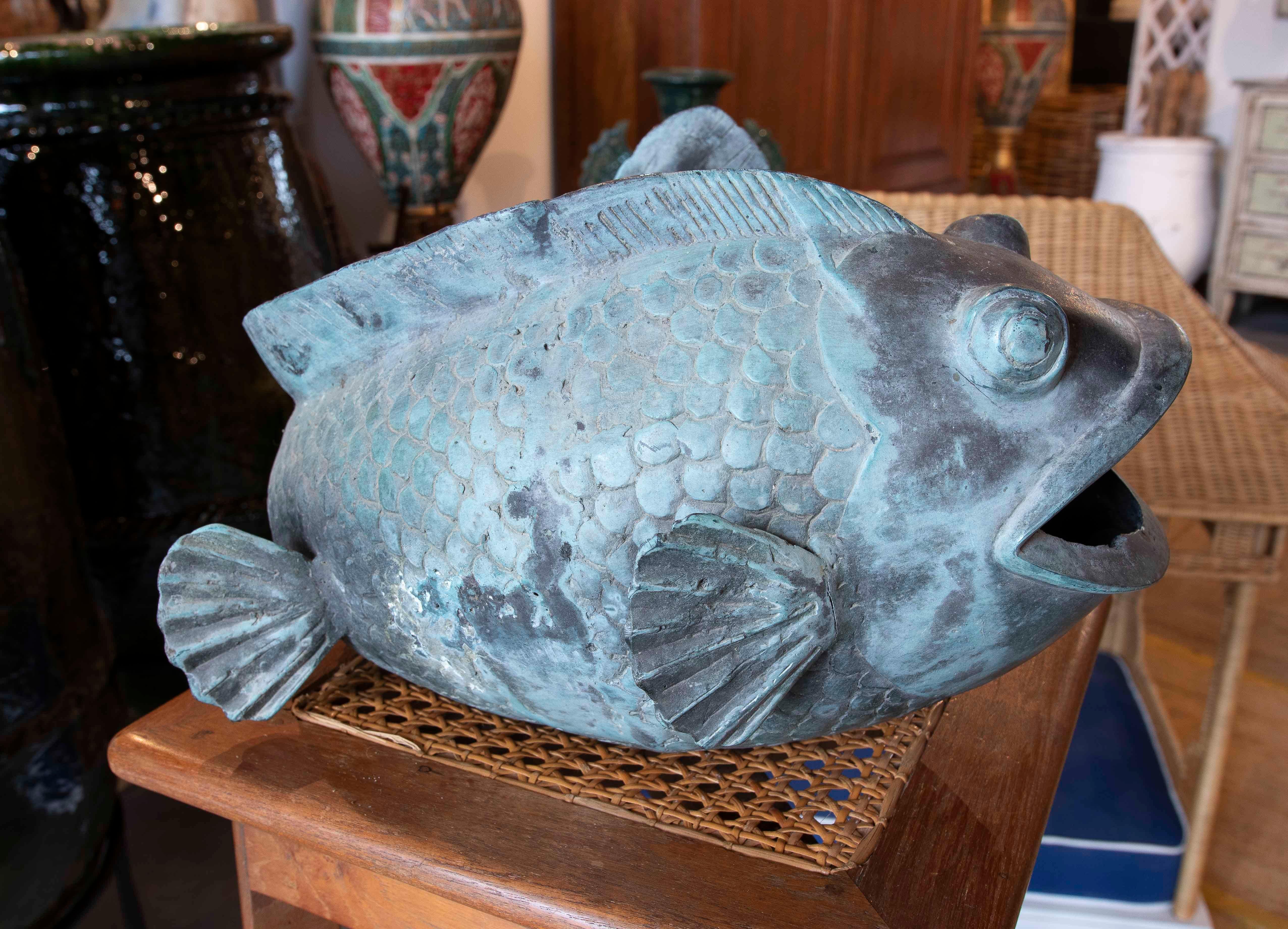 20th Century 1980s Bronze Fish Sculpture for Fountain in Antique Green Finish For Sale