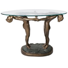 1980s Bronze Man and Woman Sculpture Pedestal Table with Glass Top