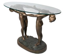 1980s Bronze Man and Woman Sculpture Pedestal Table with Glass Top
