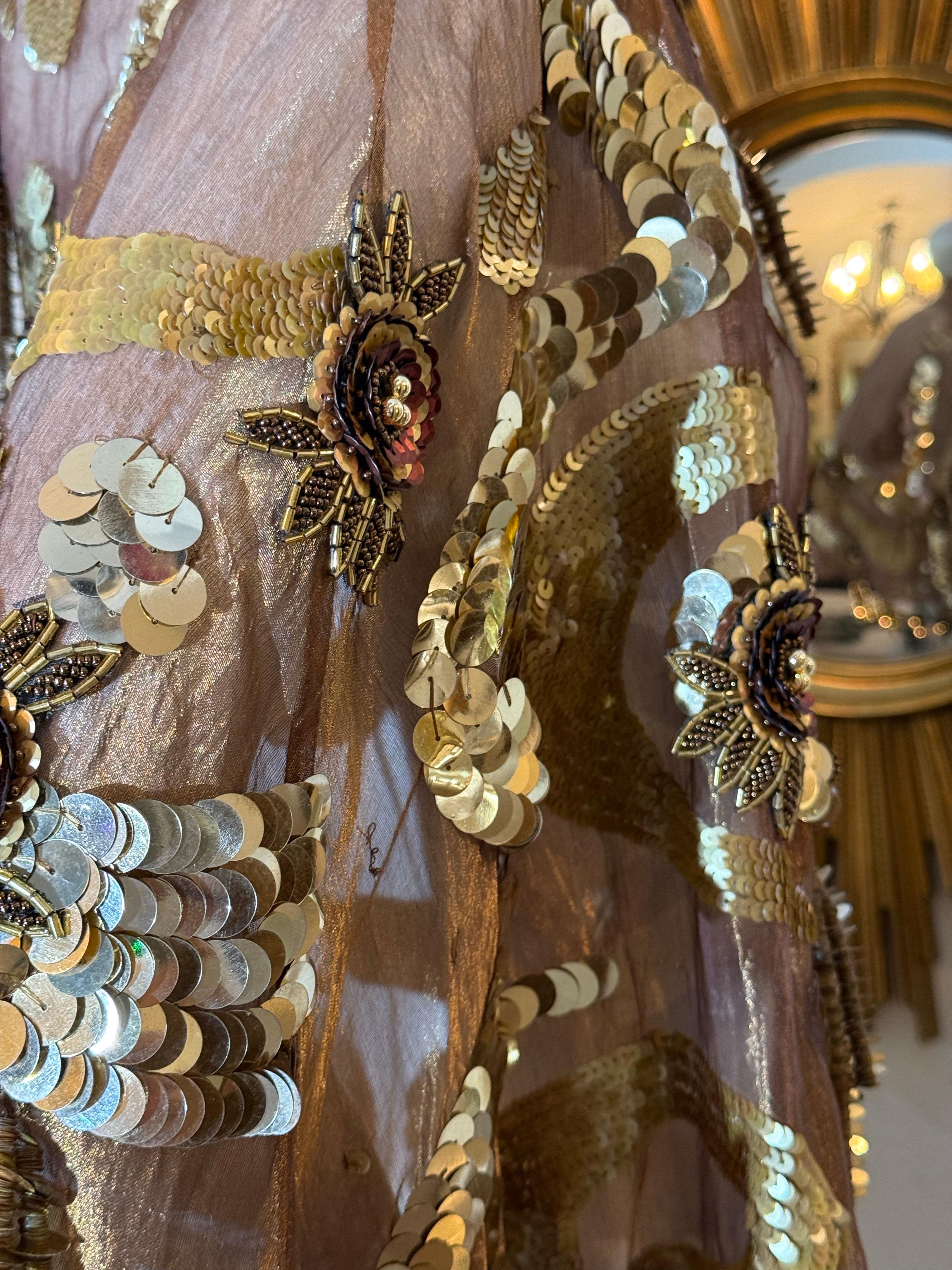 1980s Bronze Metallic Organza Poncho w Extraordinary Beading & Sequins w Fringe For Sale 5