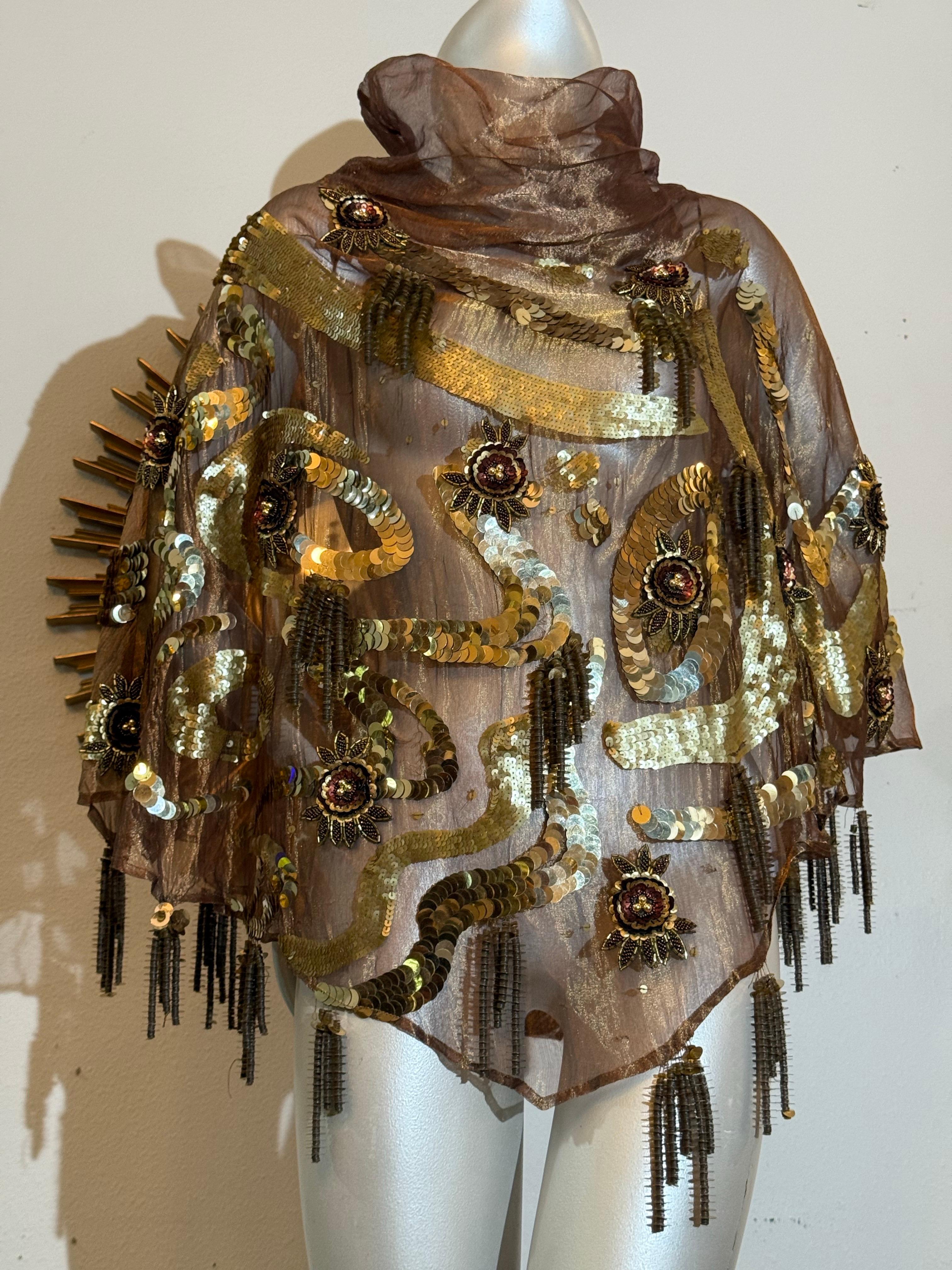 1980s Bronze Metallic Organza Poncho w Extraordinary Beading & Sequins w Fringe For Sale 9