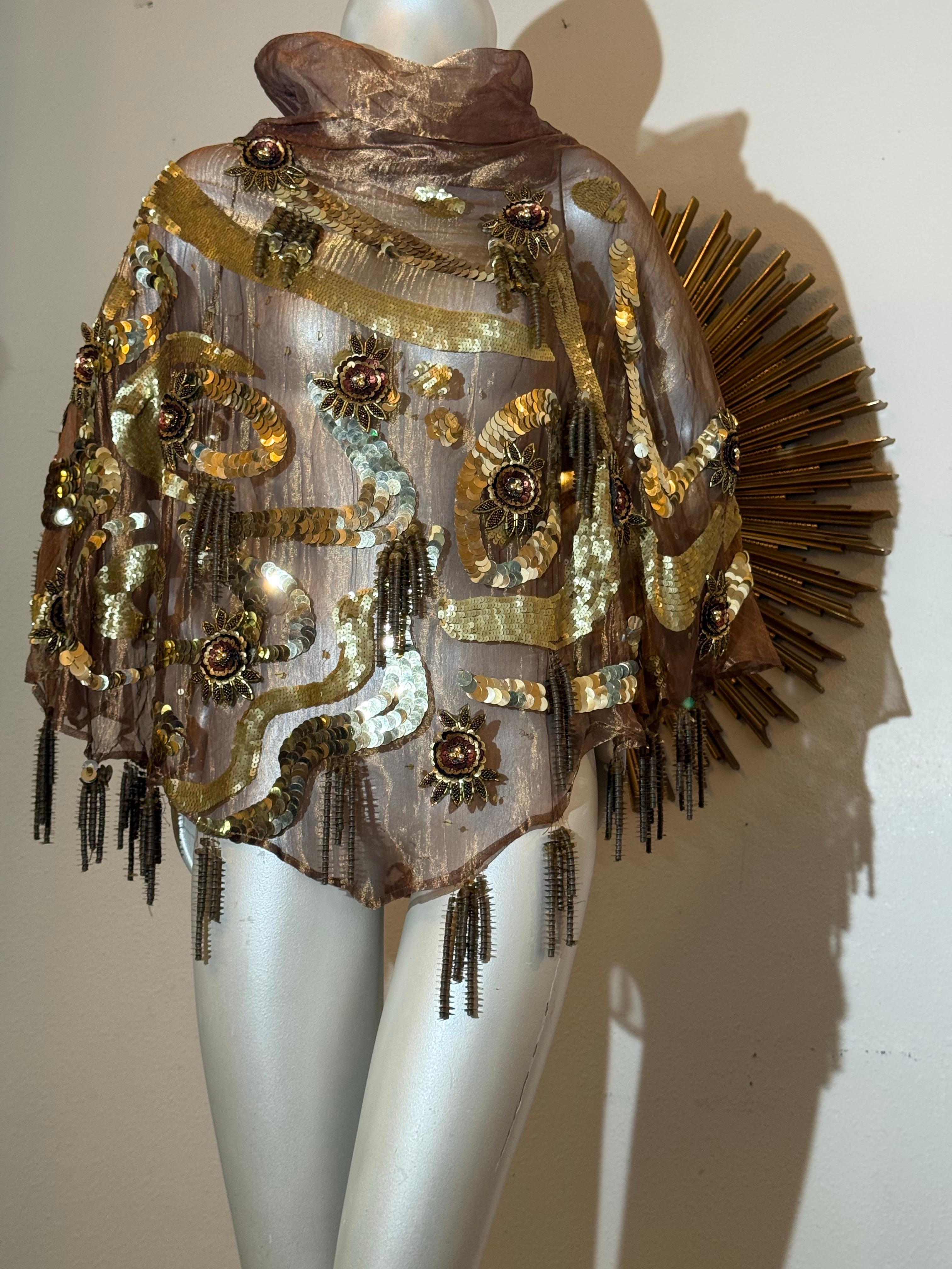 1980s Bronze Metallic Organza Poncho w Extraordinary Beading & Sequins w Fringe For Sale 10