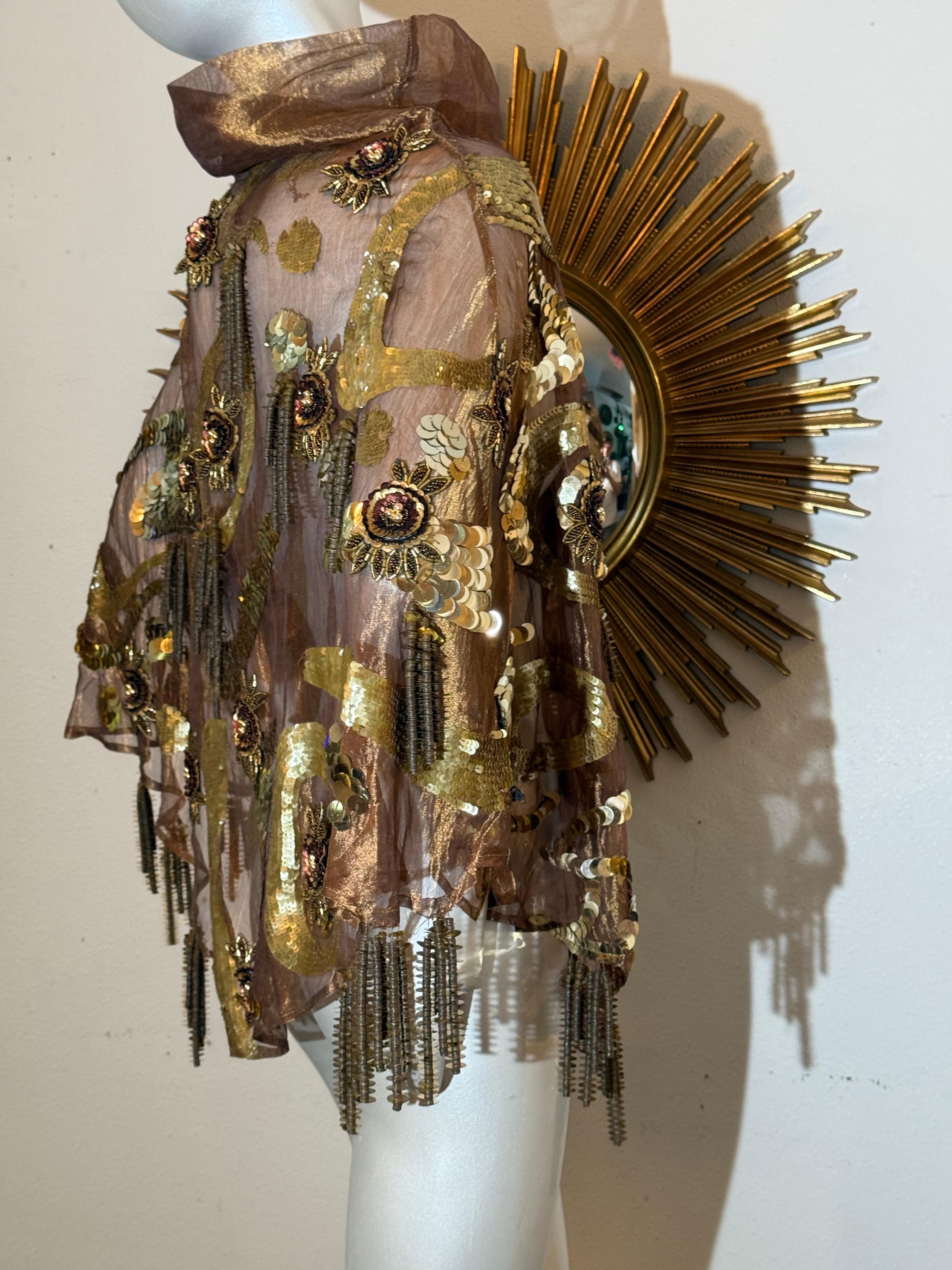 1980s Bronze Metallic Organza Poncho w Extraordinary Beading & Sequins w Fringe For Sale 11