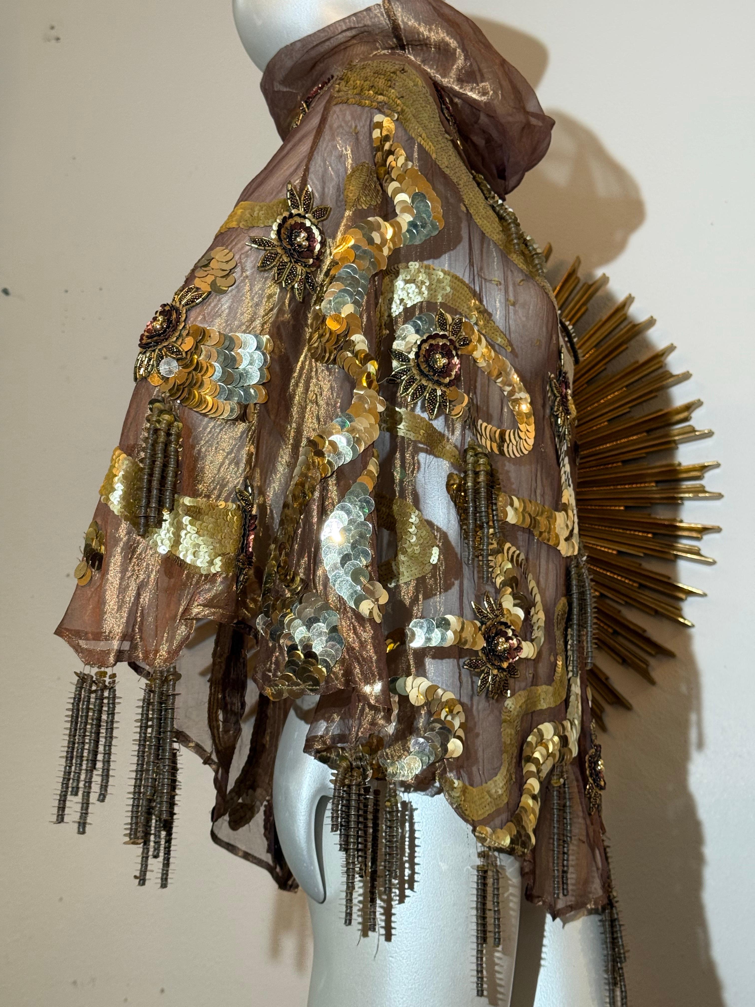 1980s Bronze Metallic Organza Poncho w Extraordinary Beading & Sequins w Fringe For Sale 12