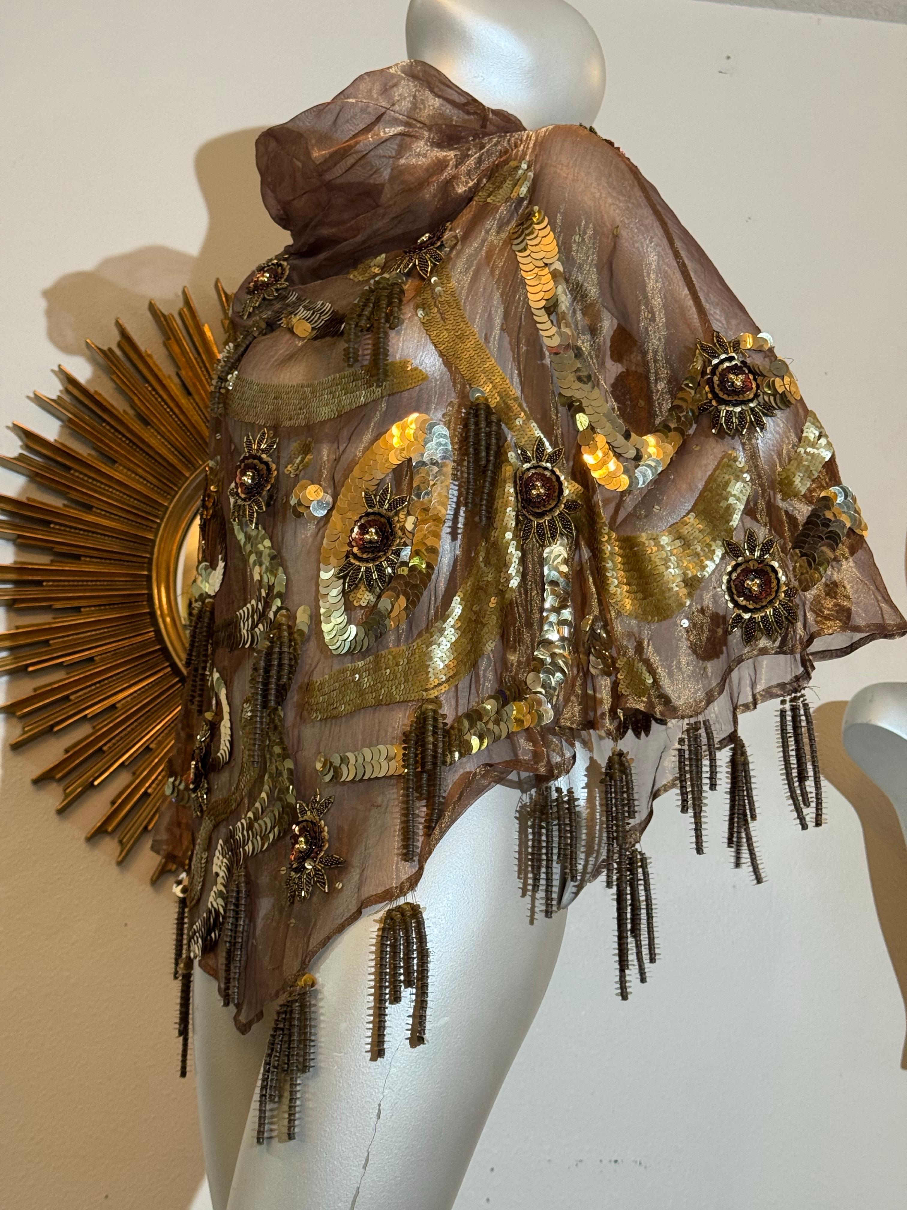 Brown 1980s Bronze Metallic Organza Poncho w Extraordinary Beading & Sequins w Fringe For Sale