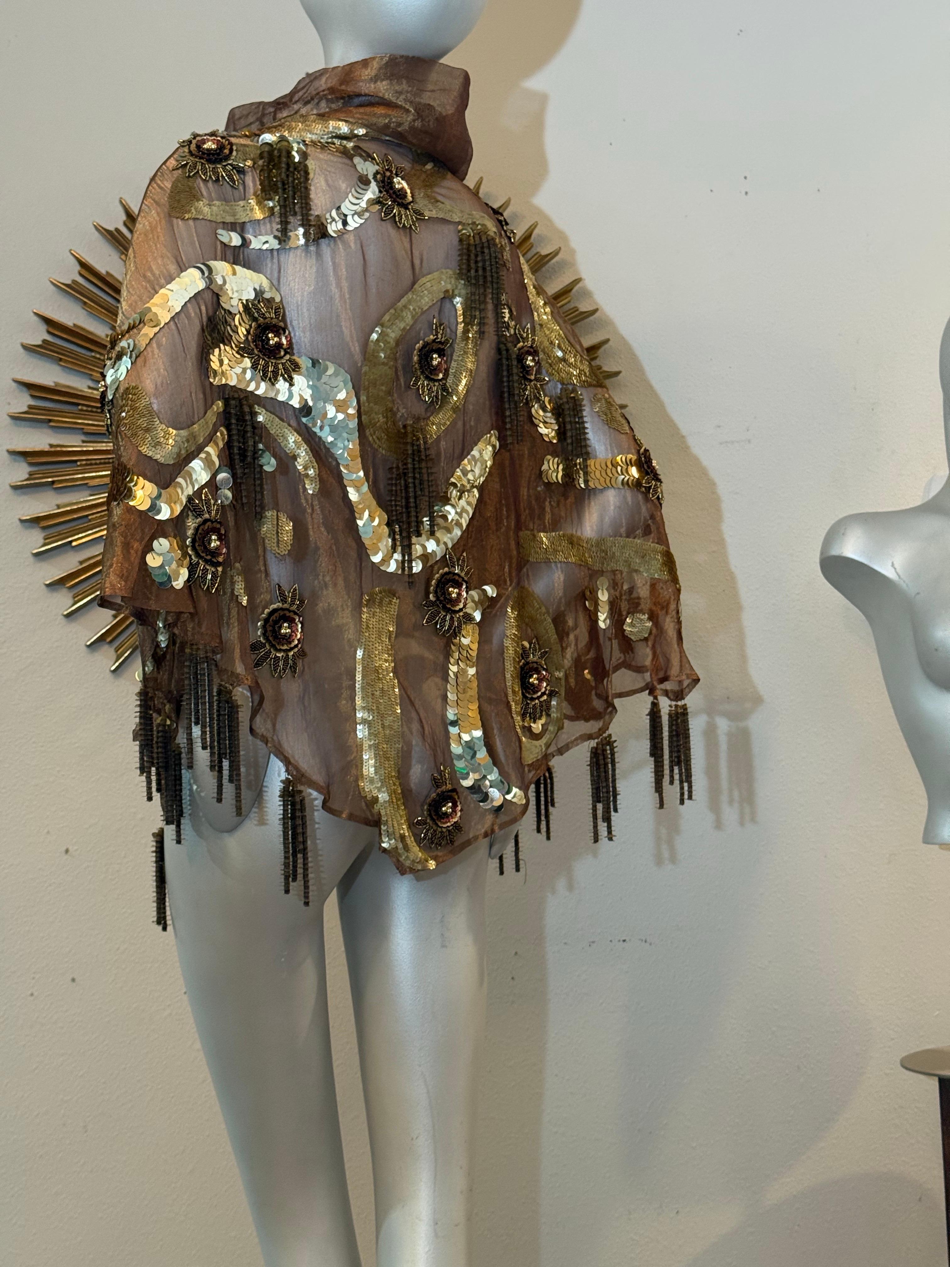 1980s Bronze Metallic Organza Poncho w Extraordinary Beading & Sequins w Fringe For Sale 1