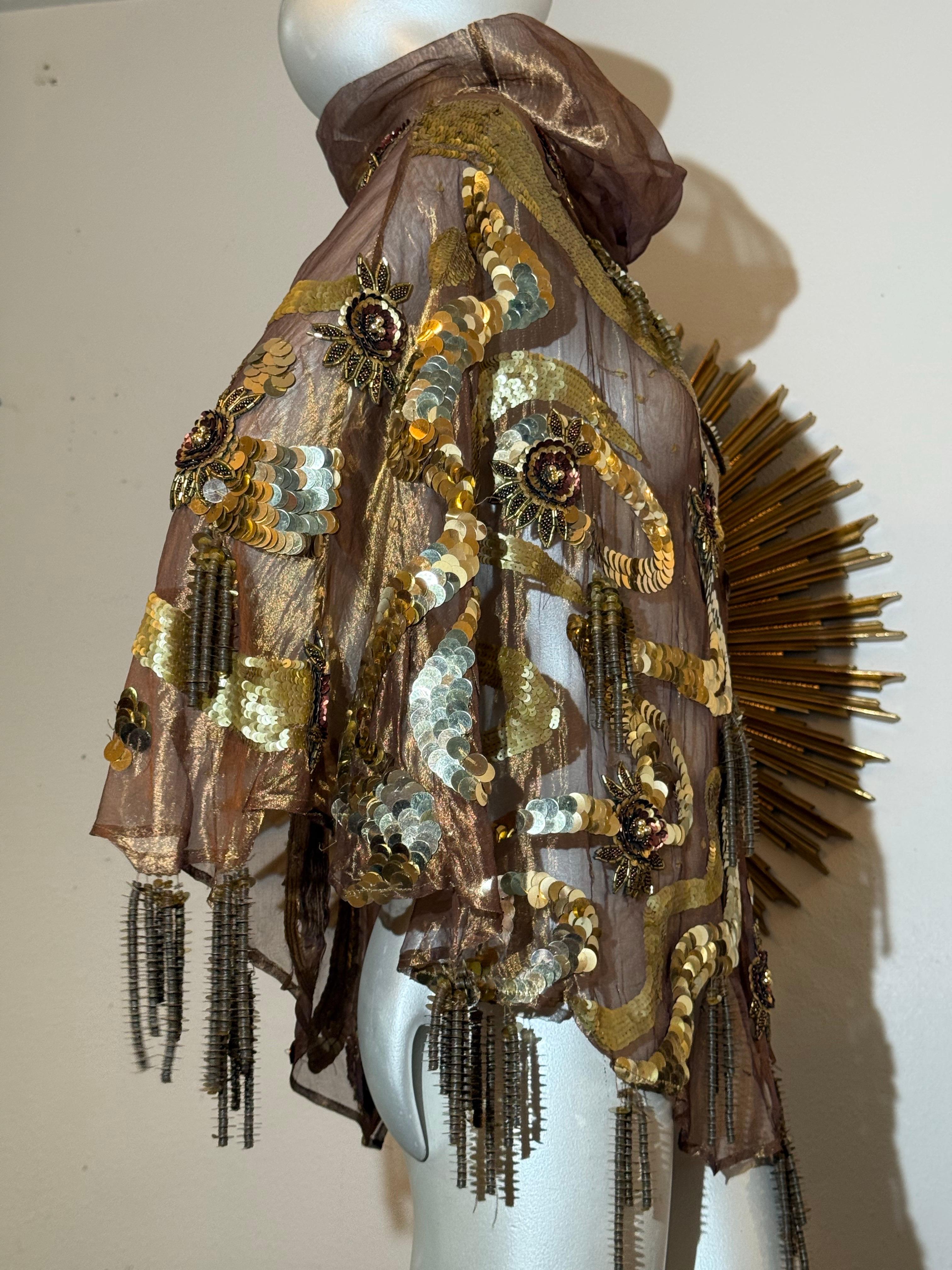 1980s Bronze Metallic Organza Poncho w Extraordinary Beading & Sequins w Fringe For Sale 2