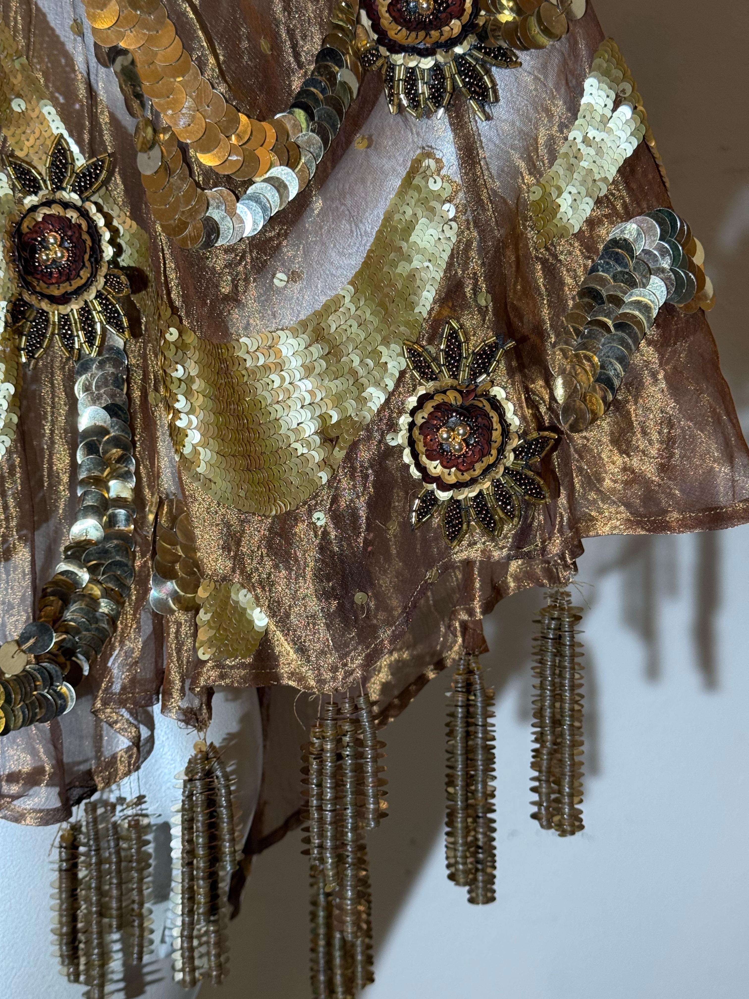 1980s Bronze Metallic Organza Poncho w Extraordinary Beading & Sequins w Fringe For Sale 3