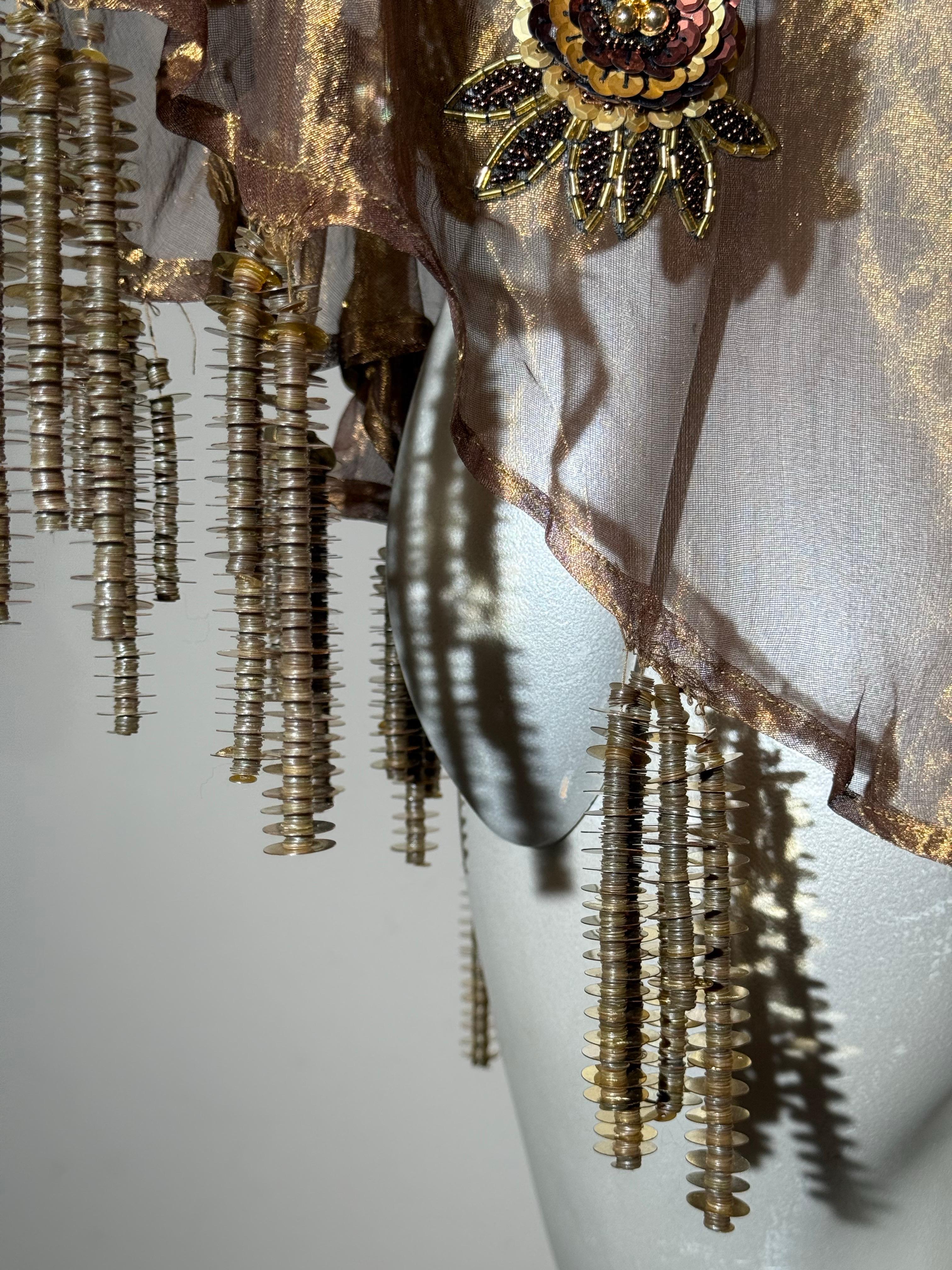 1980s Bronze Metallic Organza Poncho w Extraordinary Beading & Sequins w Fringe For Sale 4