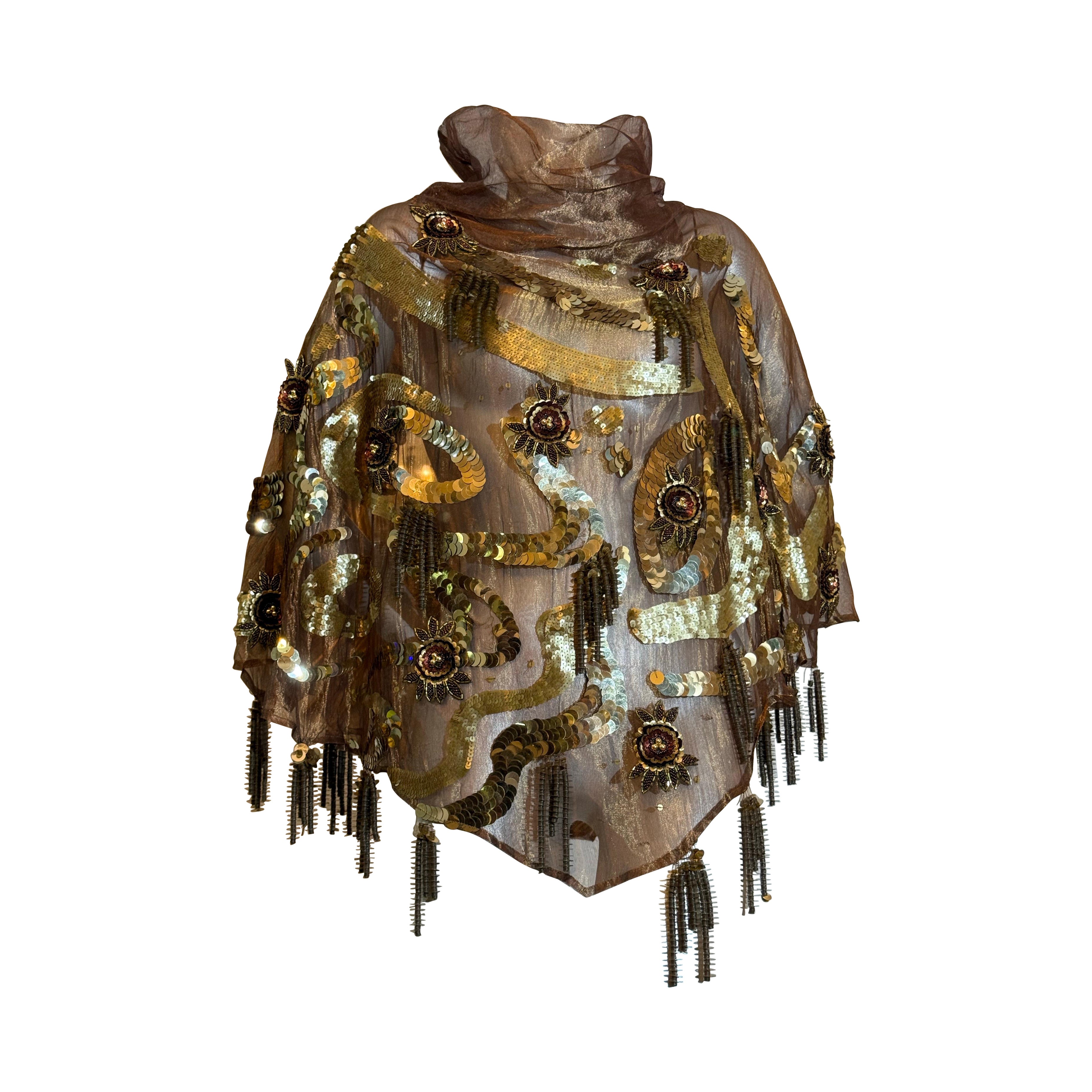 1980s Bronze Metallic Organza Poncho w Extraordinary Beading & Sequins w Fringe For Sale