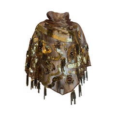 1980s Bronze Metallic Organza Poncho w Extraordinary Beading & Sequins w Fringe