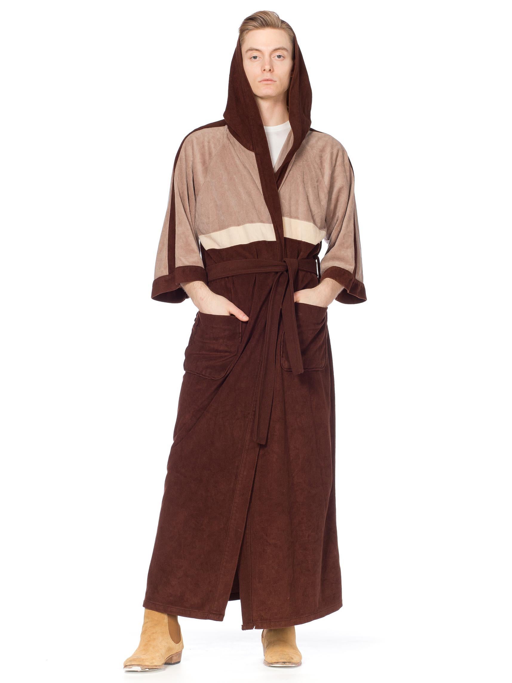 1980S Brown & Beige Colorblocked Velour Fleece Playboy Lounge Robe With Hood 2
