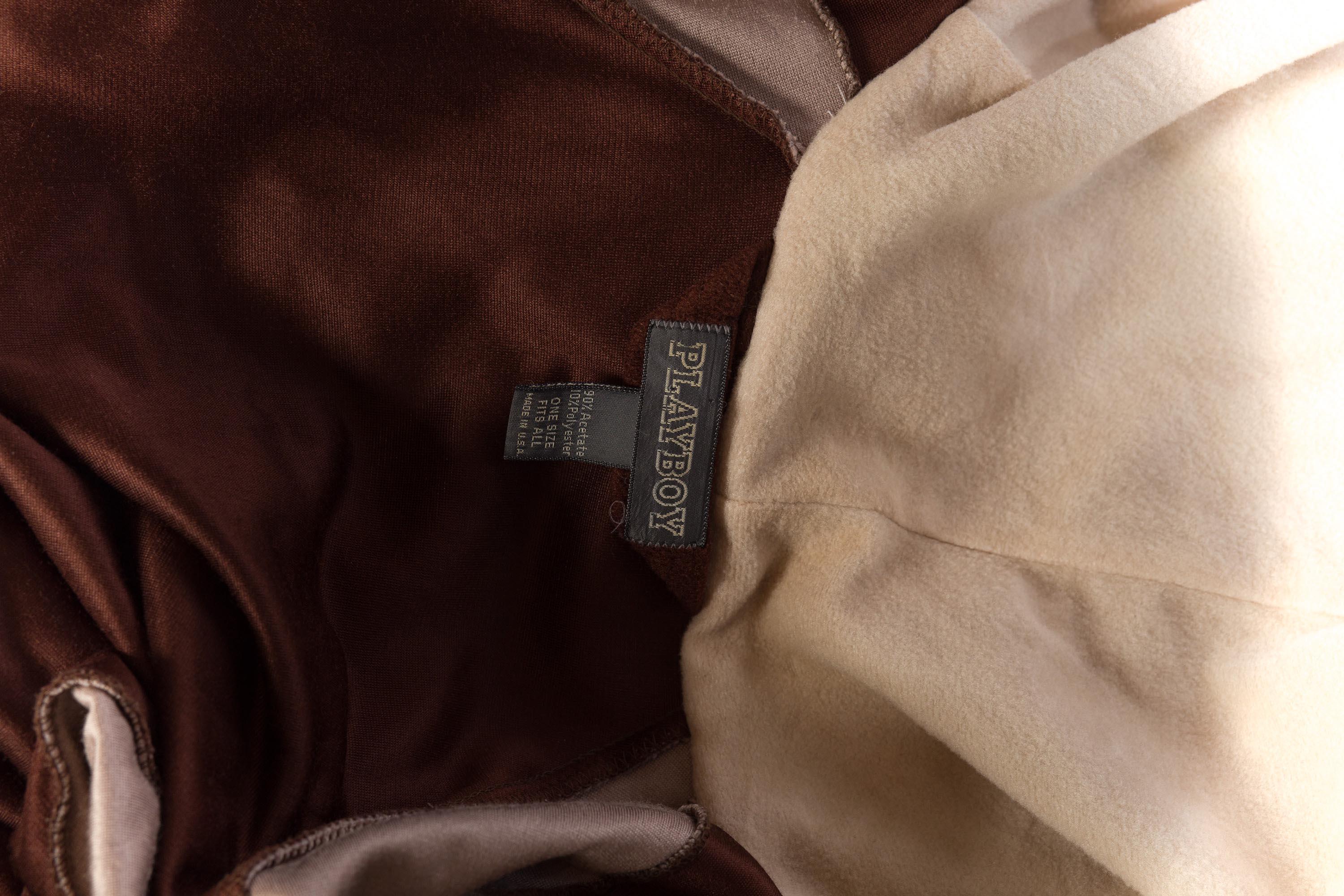 1980S Brown & Beige Colorblocked Velour Fleece Playboy Lounge Robe With Hood 3