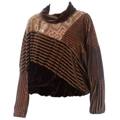 Vintage 1980S Brown Lace & Velvet Cowlneck Sweatshirt Top With Dolman Sleeves