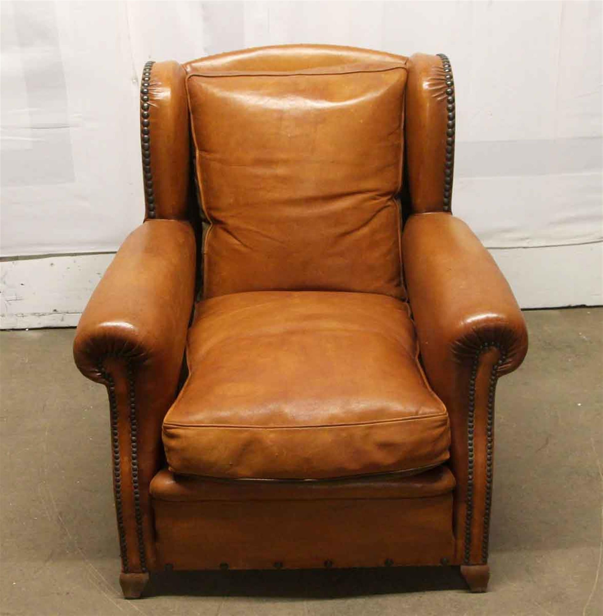French 1980s Brown Leather Bergère Club Chair from France with Studded Details