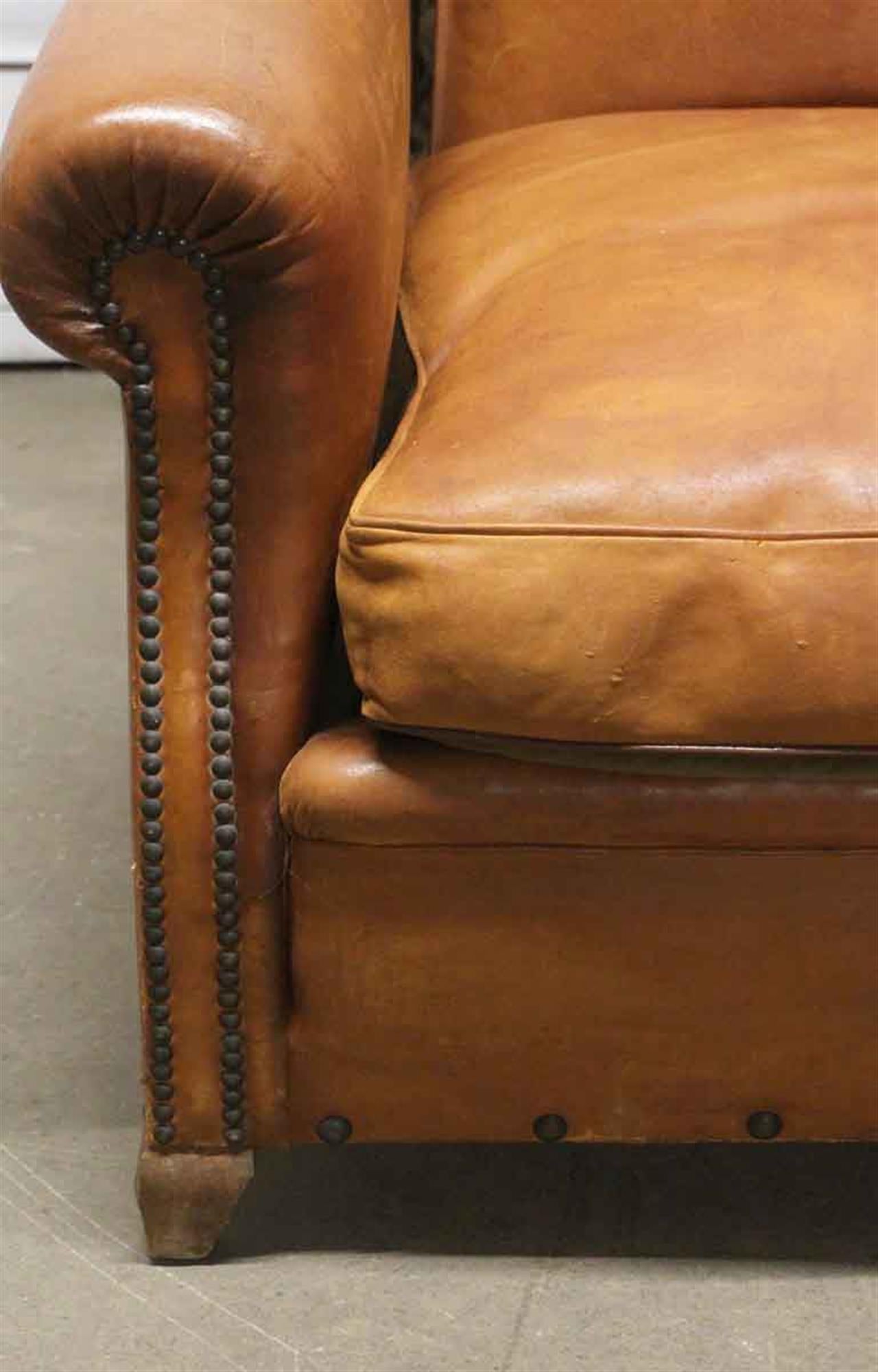 1980s Brown Leather Bergère Club Chair from France with Studded Details In Good Condition In New York, NY