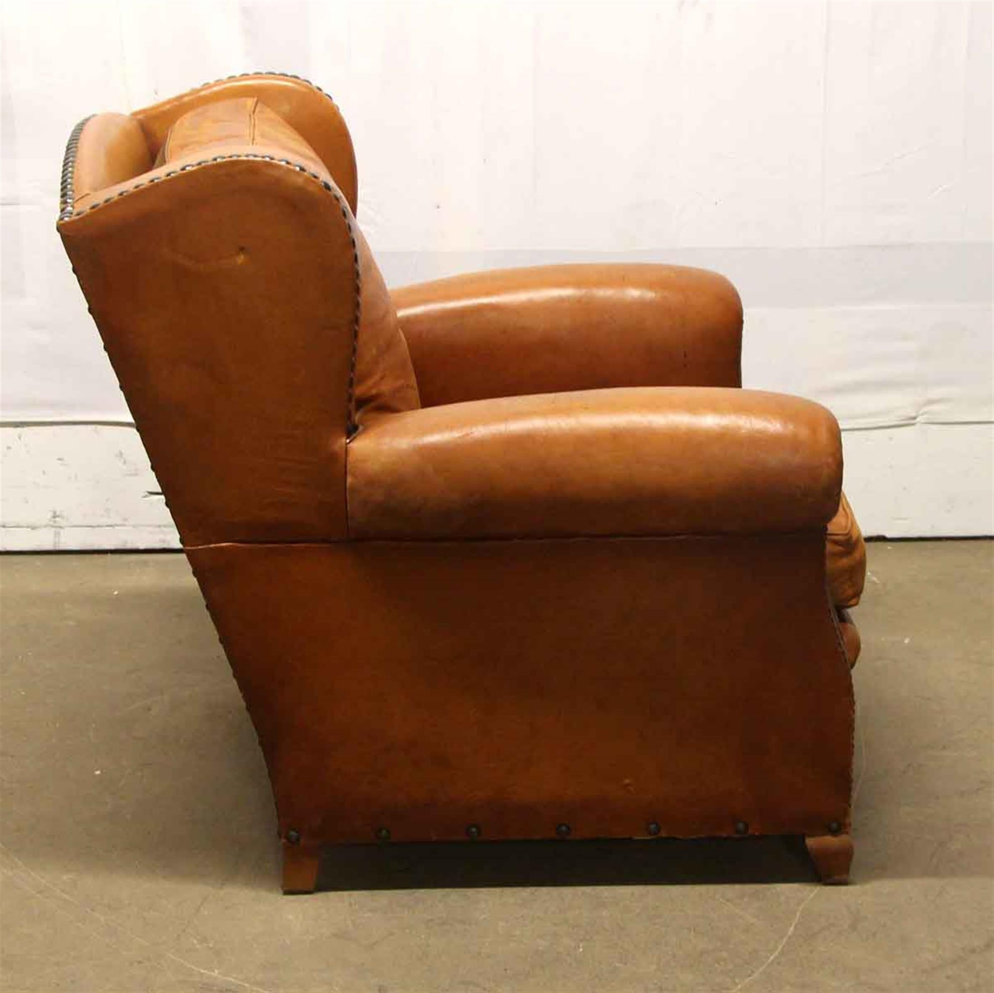 Late 20th Century 1980s Brown Leather Bergère Club Chair from France with Studded Details