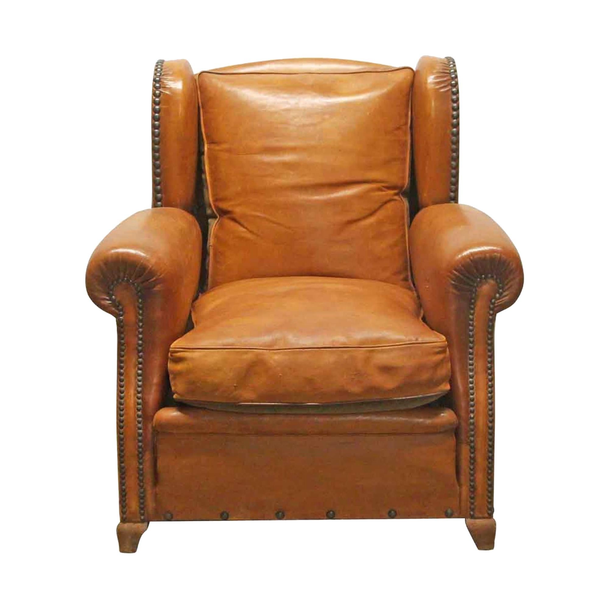 1980s Brown Leather Bergère Club Chair from France with Studded Details