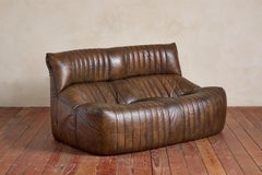 1980s Brown Leather Loveseat by Michel Ducaroy, Channeled Design